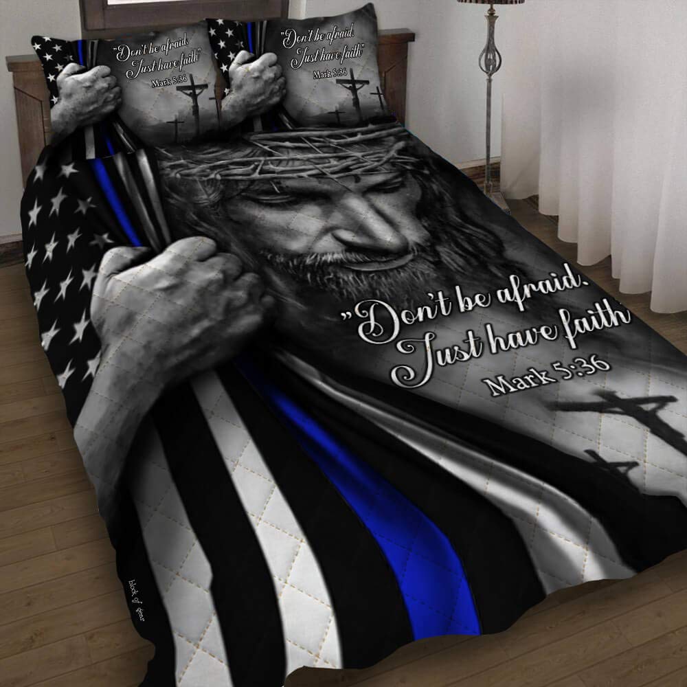 GEEMBI Christian Thin Blue Line Quilt Bedding Set - Twin Size All Season Soft Microfiber Bedspread with Pillows - Jesus Themed Coverlet for Bedroom Decor (King, Queen, Twin) - Perfect for Gifts, Guest Rooms & Cozy Home Styling