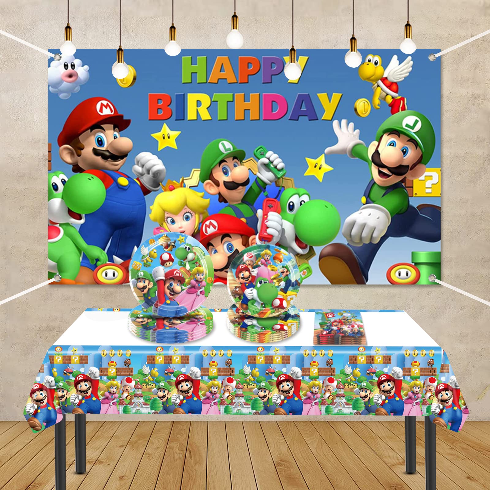 Super Mario Birthday Party Supplies Set - 20 Plates, 20 Napkins & 1 Table Cover for Mario Themed Decorations - Perfect for Kids Birthday Parties, Game Nights & Themed Events