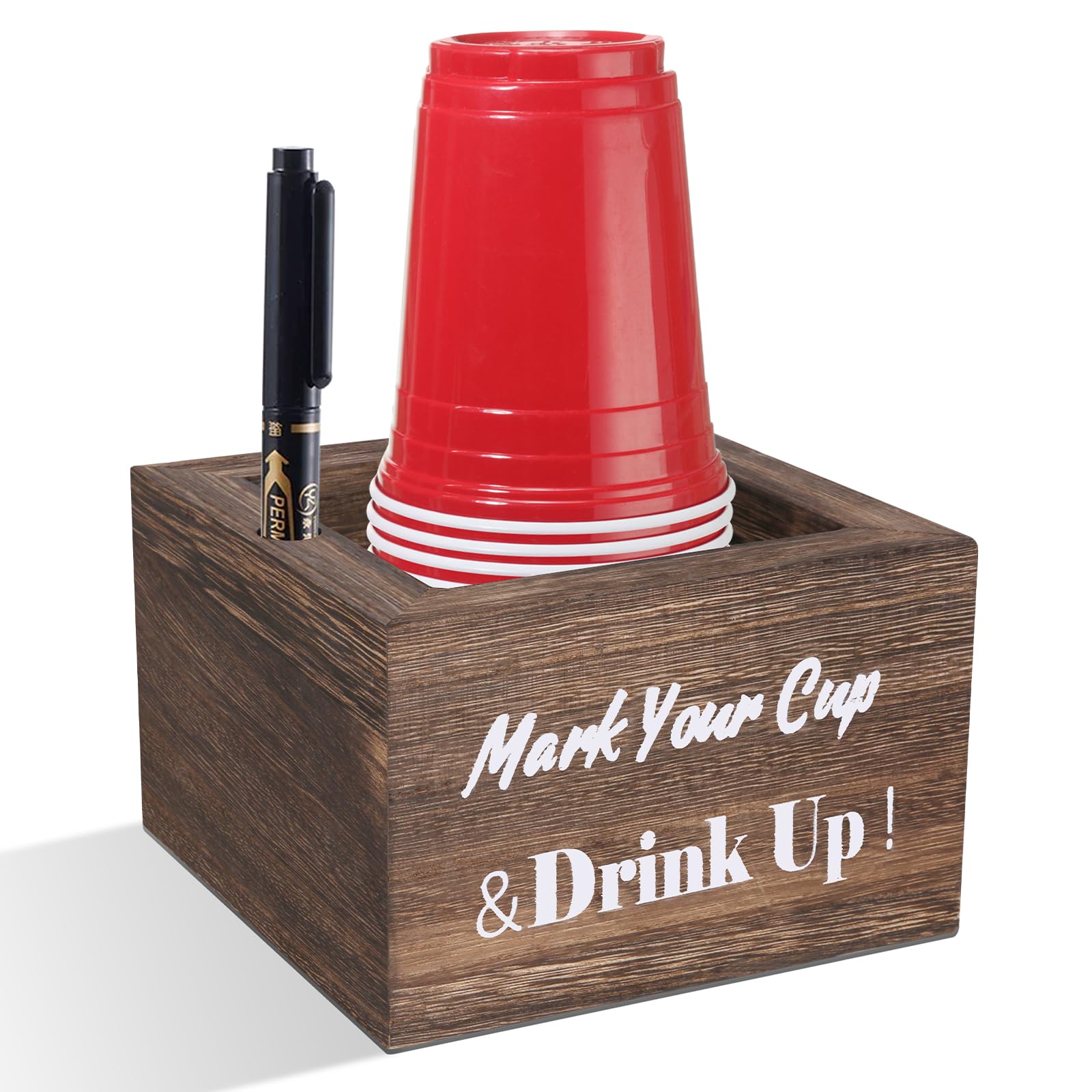 Rustic Wooden Cup Holder with Marker Slot - Disposable Party & Wedding Cup Holder for Bar, Kitchen, Countertop, Home & Office - Perfect for Events, BBQs, and Outdoor Gatherings (Brown)