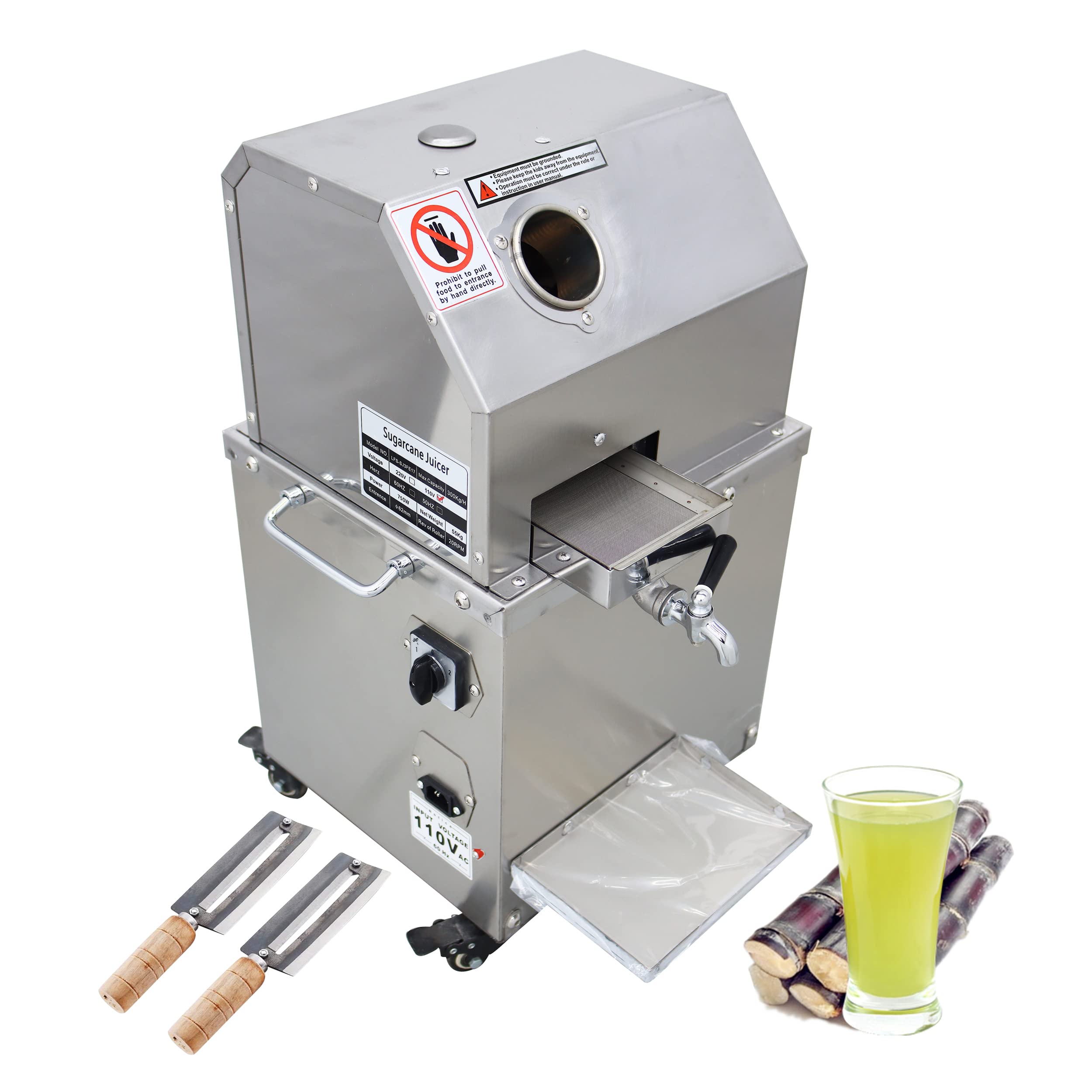 TECHTONGDA 110V Commercial Electric Sugar Cane Juicer Machine - 3 Roll Stainless Steel Cold Press Extractor with Cleaning Port & Wheels - 660 lbs/h Output - Perfect for Juice Bars, Restaurants & Home Use