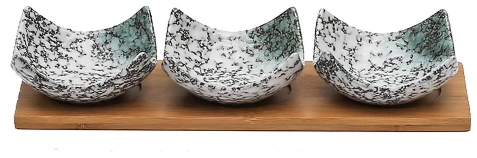Japanese Style Ceramic Sauce Dish Set of 3 - Sushi Dipping Bowls, Seasoning Dishes with Bamboo Tray - Perfect for Sushi, Appetizers, and Asian Cuisine Serving