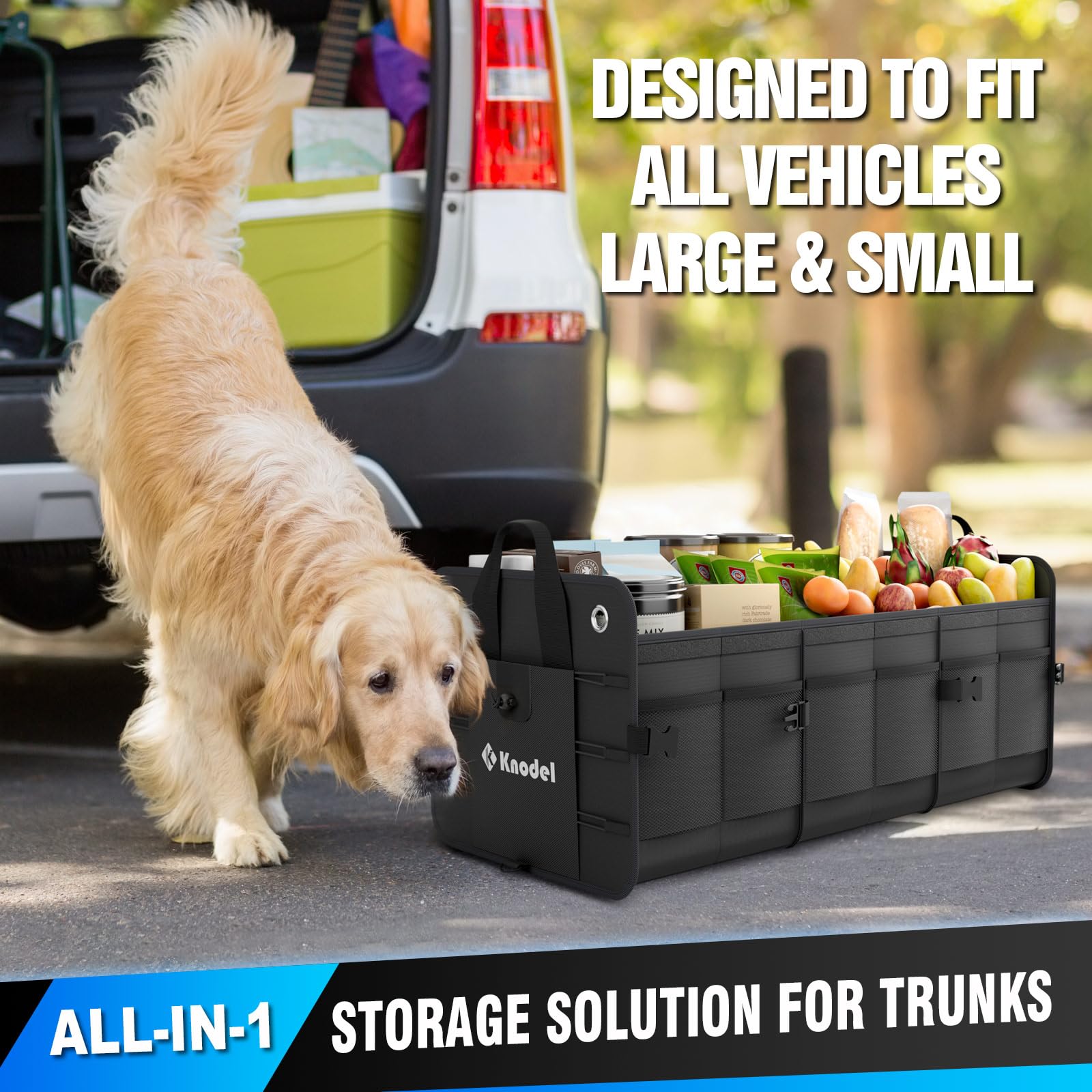 Premium K KNODEL Heavy-Duty Foldable Car Trunk Organizer with Lid - 3 Compartment Collapsible Storage Box with Secure Straps (Black) | Perfect for SUVs, Sedans & Road Trips - Keep Your Vehicle Neat & Organized