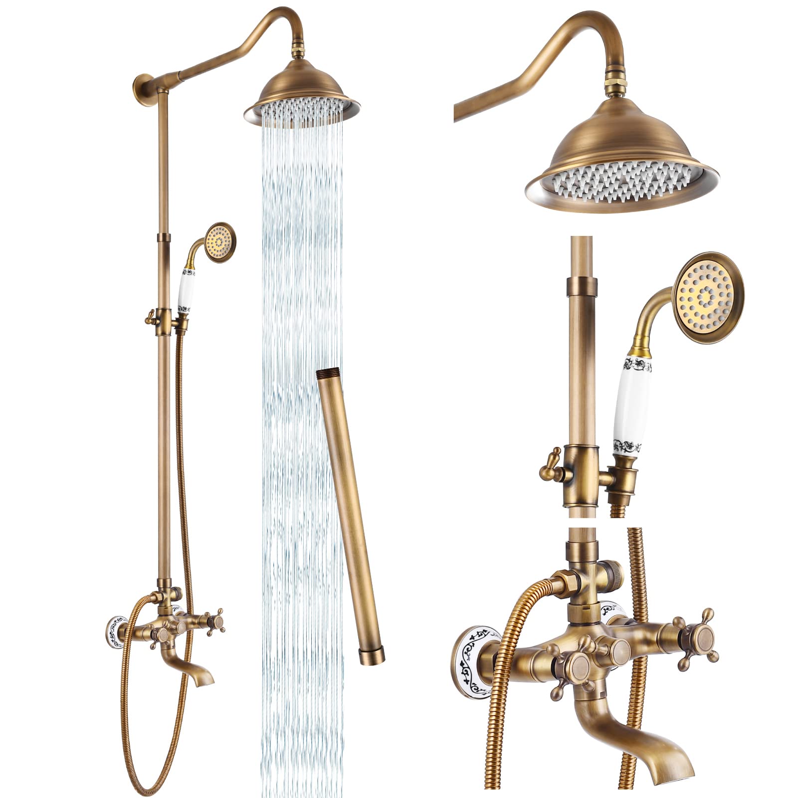 Gotonovo Antique Brass Exposed Pipe Shower System - 8 Inch Rain Shower Head, 2 Double Knob Handles, Triple Function Tub Spout - Complete Shower Fixture Faucet Set for Bathroom Remodel & Vintage Style Home Decor