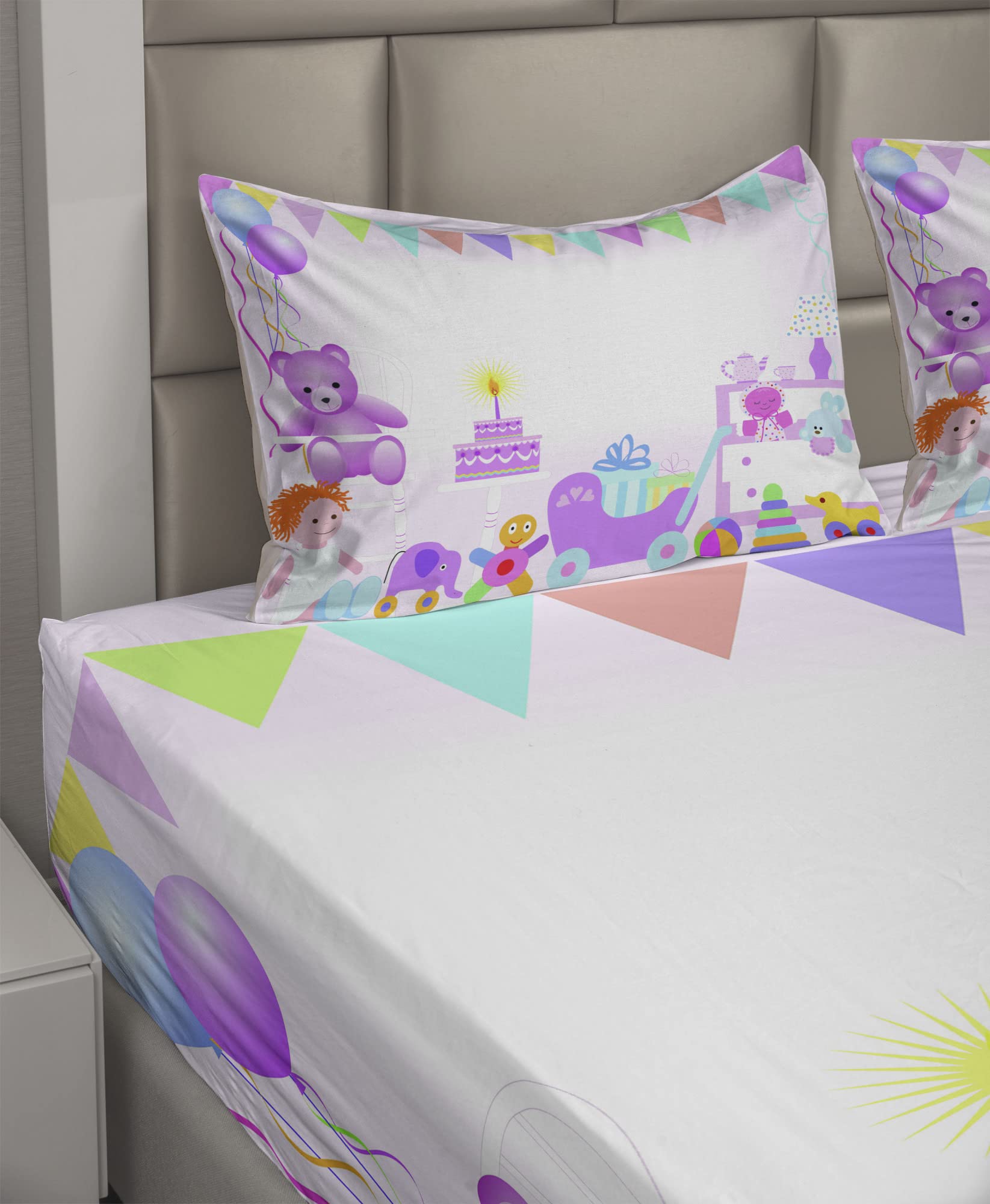 Ambesonne Girls Birthday Party Sheet Set - 4 Piece King Size Bedding with Flags & Bears Print, Pale Pink - Perfect for Birthday Celebrations, Sleepovers & Themed Bedrooms