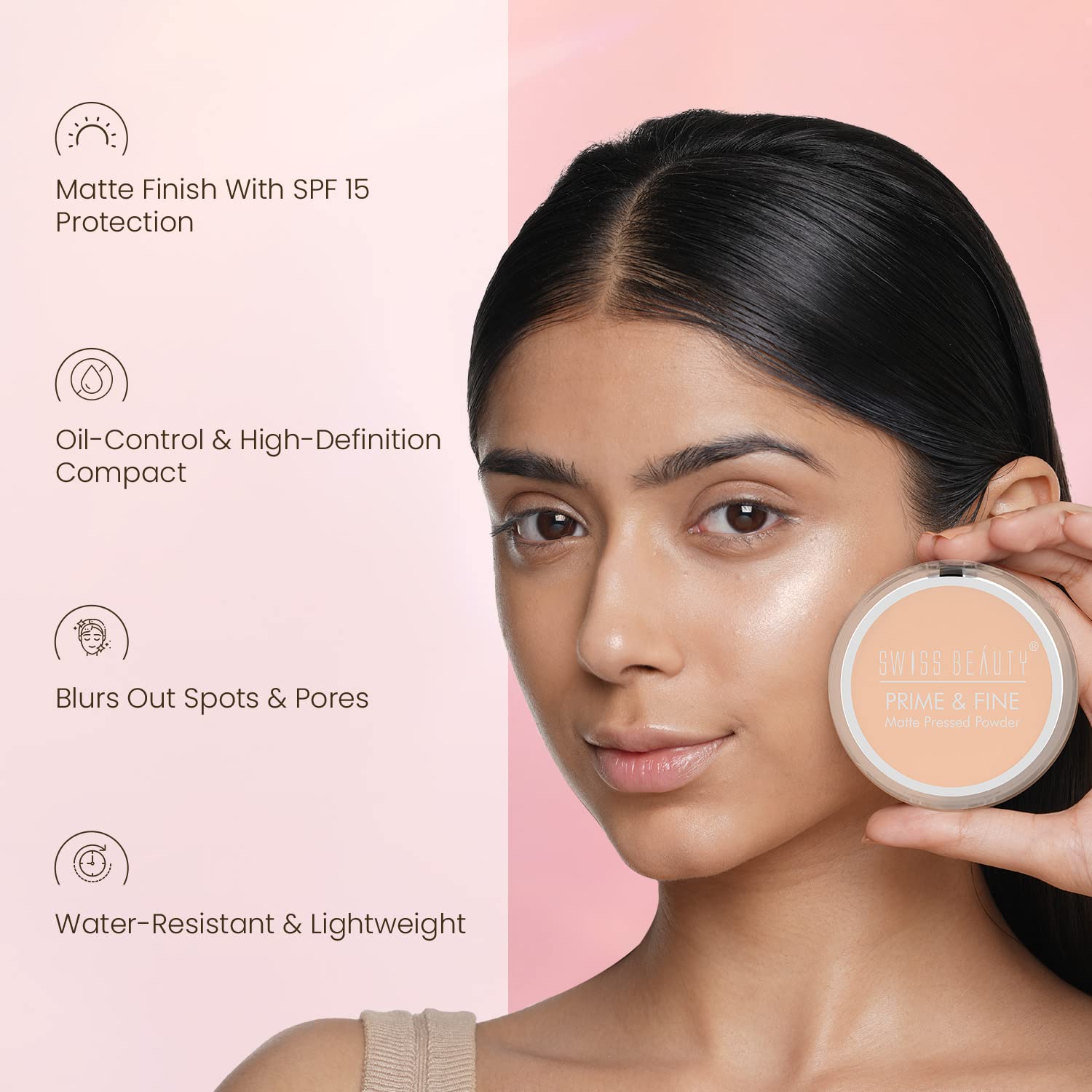 Swiss Beauty Prime & Fine Matte Pressed Powder - Oil Control & Long Lasting Makeup for All Skin Types, Natural Beige Shade, 8g | Perfect for Daily Wear, Touch-Ups & Flawless Finish