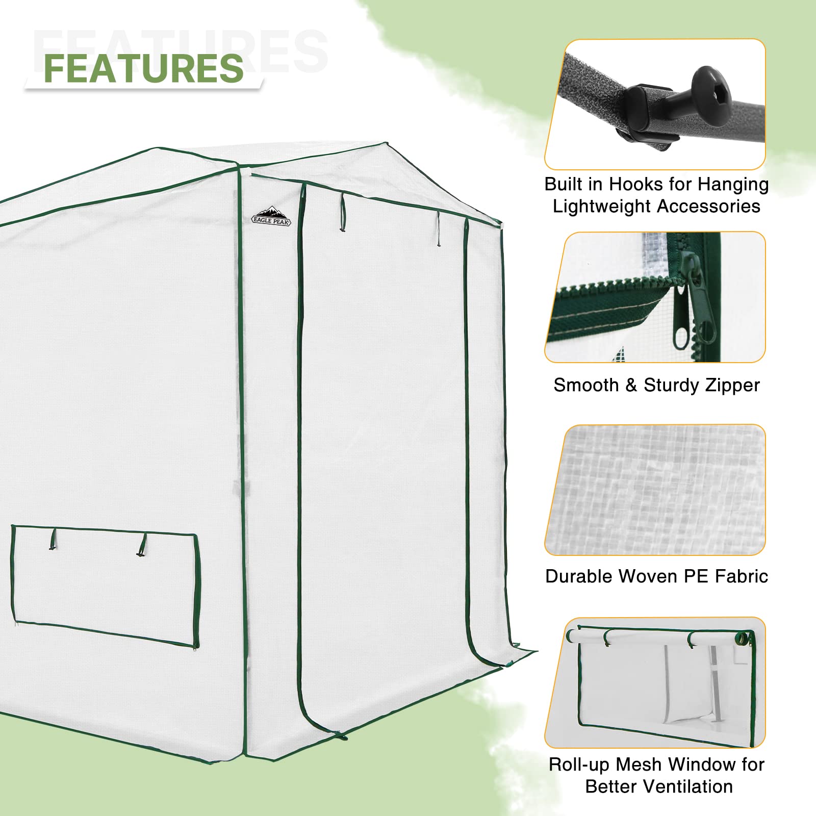 EAGLE PEAK 8x6 FT Portable Walk-in Greenhouse for Indoor & Outdoor Gardening - Heavy Duty Woven PE Cover with Zippered Doors & Windows - Perfect for Seed Starting, Plant Protection & Year-Round Gardening