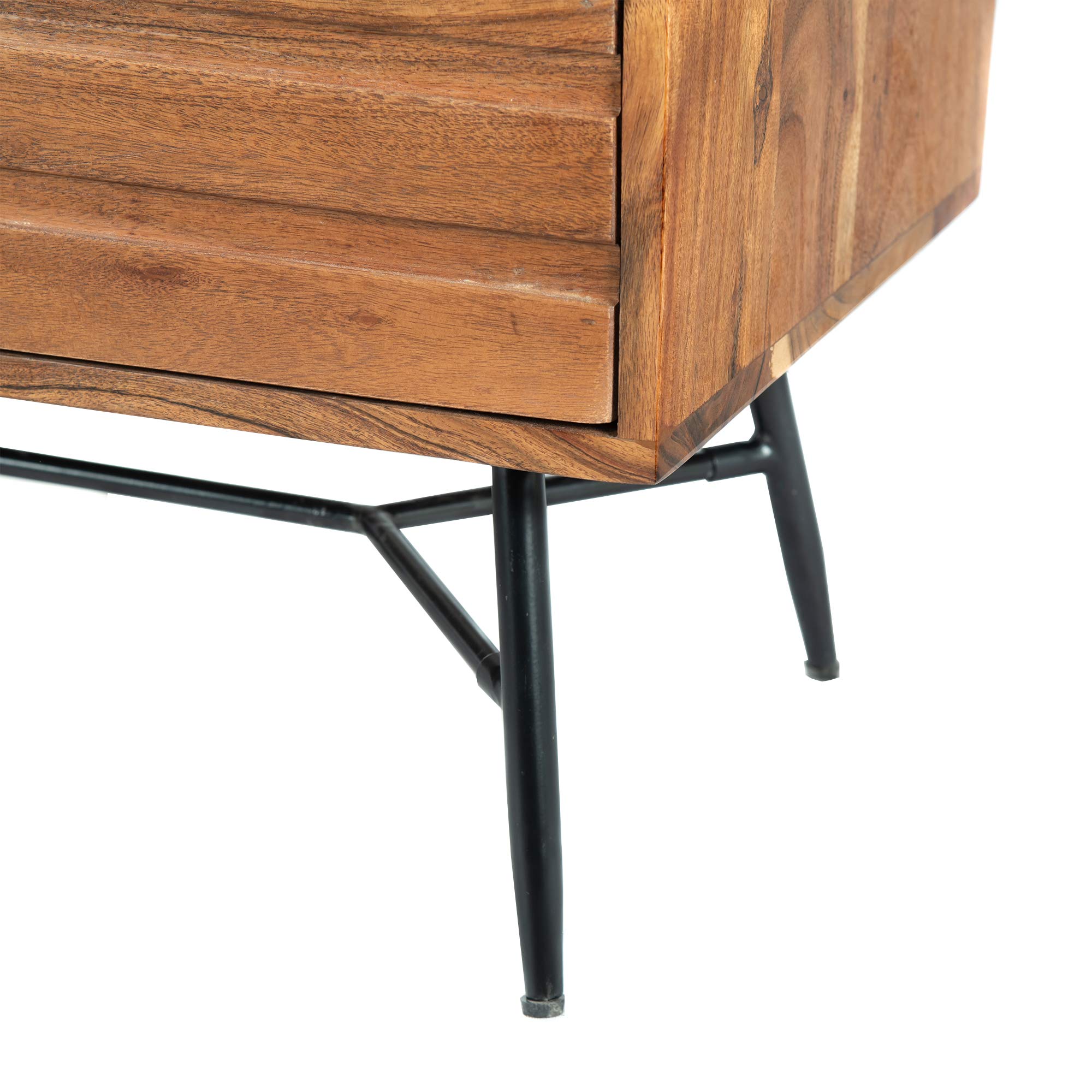Modern Two-Drawer Wooden Nightstand with Angled Metal Legs - Brown & Black Finish | Bedside Table for Bedroom, Living Room, or Office