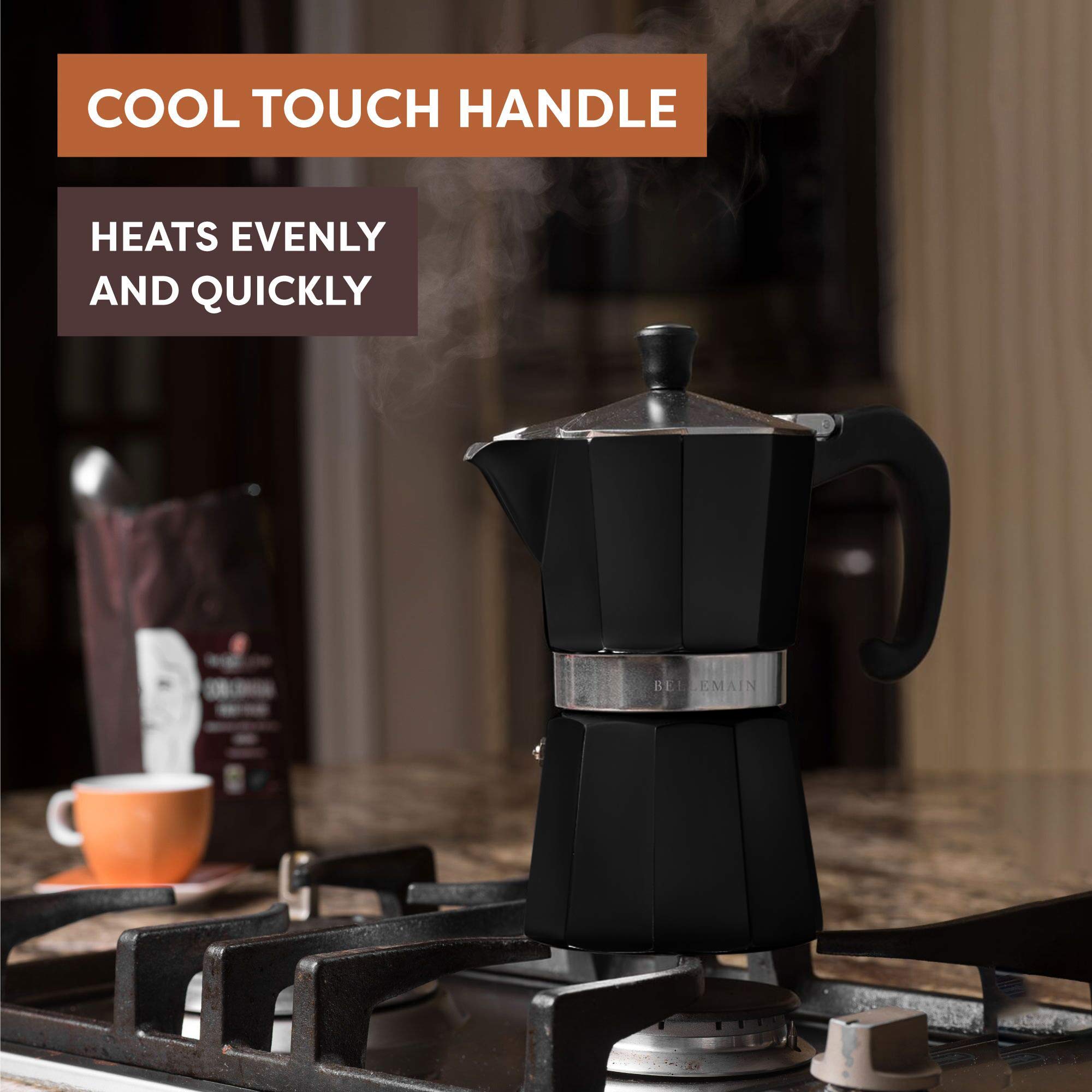 Bellemain Stovetop Espresso Maker Moka Pot - 3 Cup Italian Coffee Maker for Gas & Electric Stoves - Perfect for Home, Office & Camping (Black)
