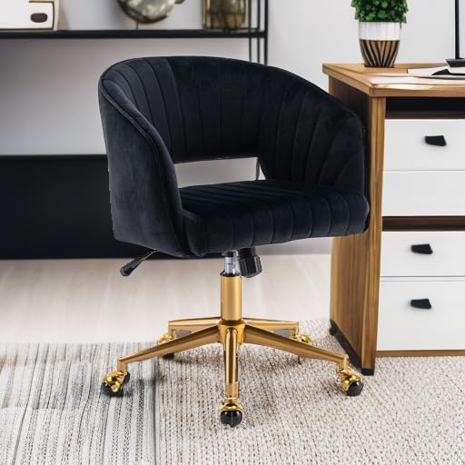Ergonomic Velvet Swivel Office Chair with Gold Base - Modern Tufted Upholstered Desk Chair for Women, Girls Study & Computer Work - Perfect for Home Office, Living Room & Workspace (Black)