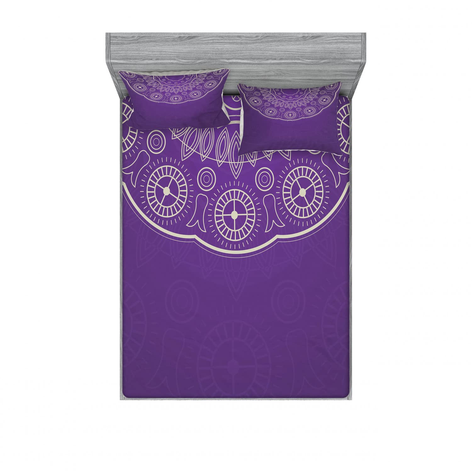 Ambesonne 2-Piece Purple Mandala Fitted Sheet & Pillow Sham Set - Bohemian Geometric Doodle Bedding Decor (2 Twin XL Fitted Sheets + 4 Pillow Covers) in Violet & Eggshell - Perfect for Boho Bedroom, Dorm Room, or Guest Room Decor