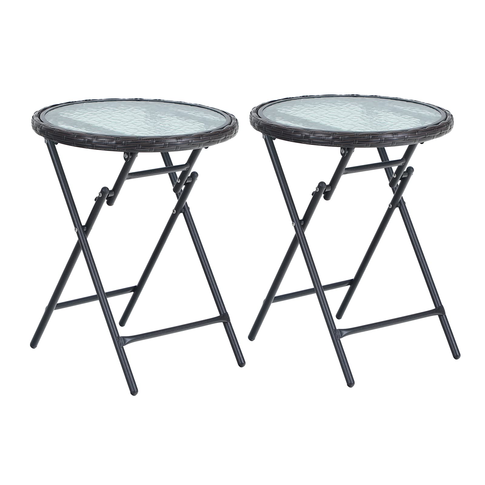 Sophia & William 2-Piece Round Outdoor Folding Side Table Set - Portable Bistro Coffee Table with Tempered Glass Top, Rattan Edge & Metal Frame - Perfect for Patio, Garden, Balcony, Poolside & Indoor Use