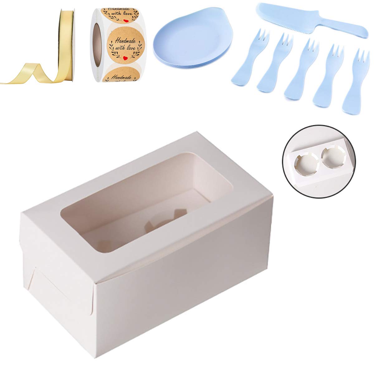 Mayata 10-Pack White Bakery Boxes with Clear Window - Perfect for Cakes, Pastries, Cookies, Pies & Cupcakes | Includes Cake Cutlery, Decorative Stickers & Ribbons | 2 Cake Carriers (16x9x7.5cm) | Ideal for Bakeries, Dessert Shops & Home Baking Gifts