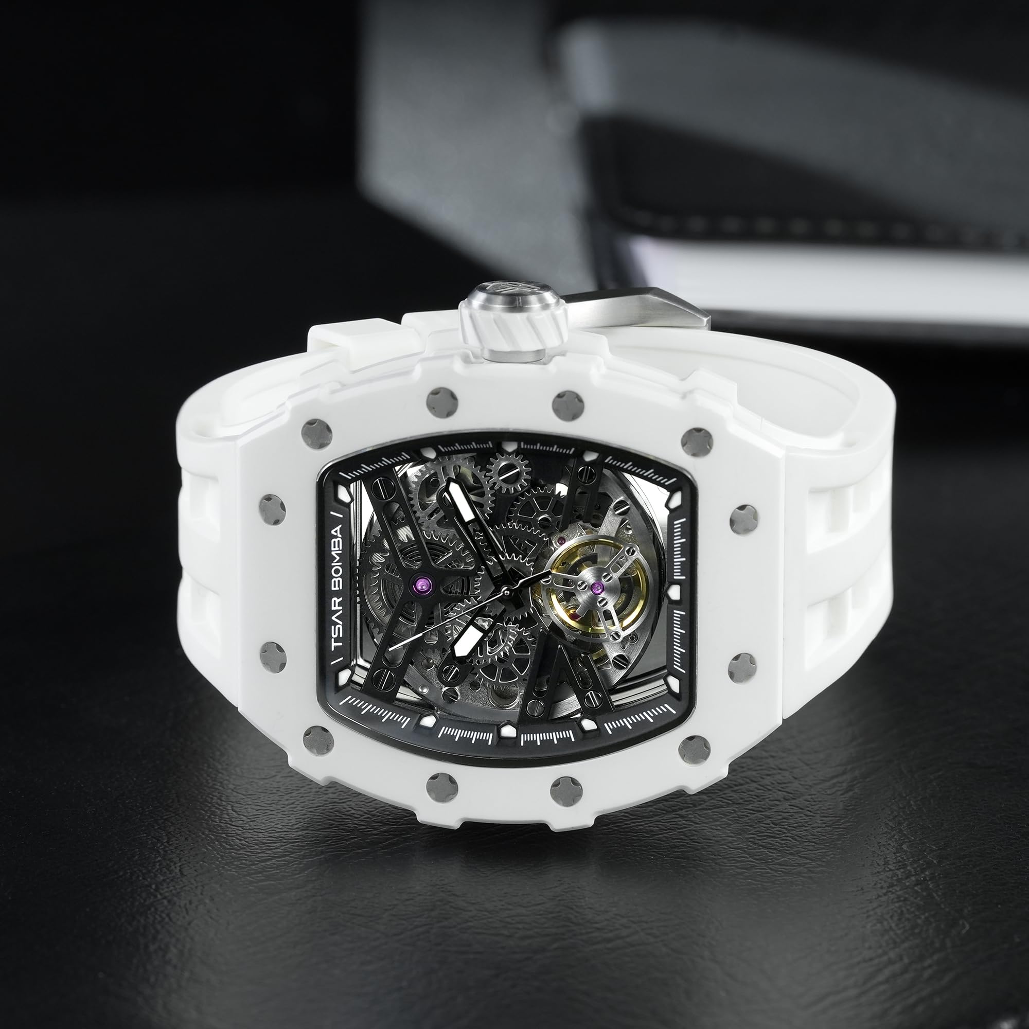 TSAR BOMBA Men's Automatic Skeleton Watch - Luxury Mechanical Tonneau Watch with Square Big Face Dial, 50M Waterproof, Silicone Strap - Perfect for Business, Formal Events & Everyday Wear