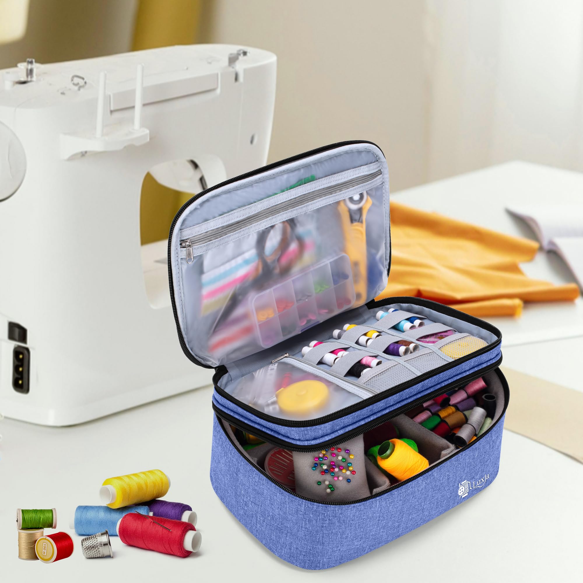 Luxja Double-Layer Sewing Accessories Organizer - Large Dark Blue Storage Case for Needles, Thread, Scissors, Measuring Tape & Sewing Tools | Perfect for Home Sewing, Quilting & Craft Projects