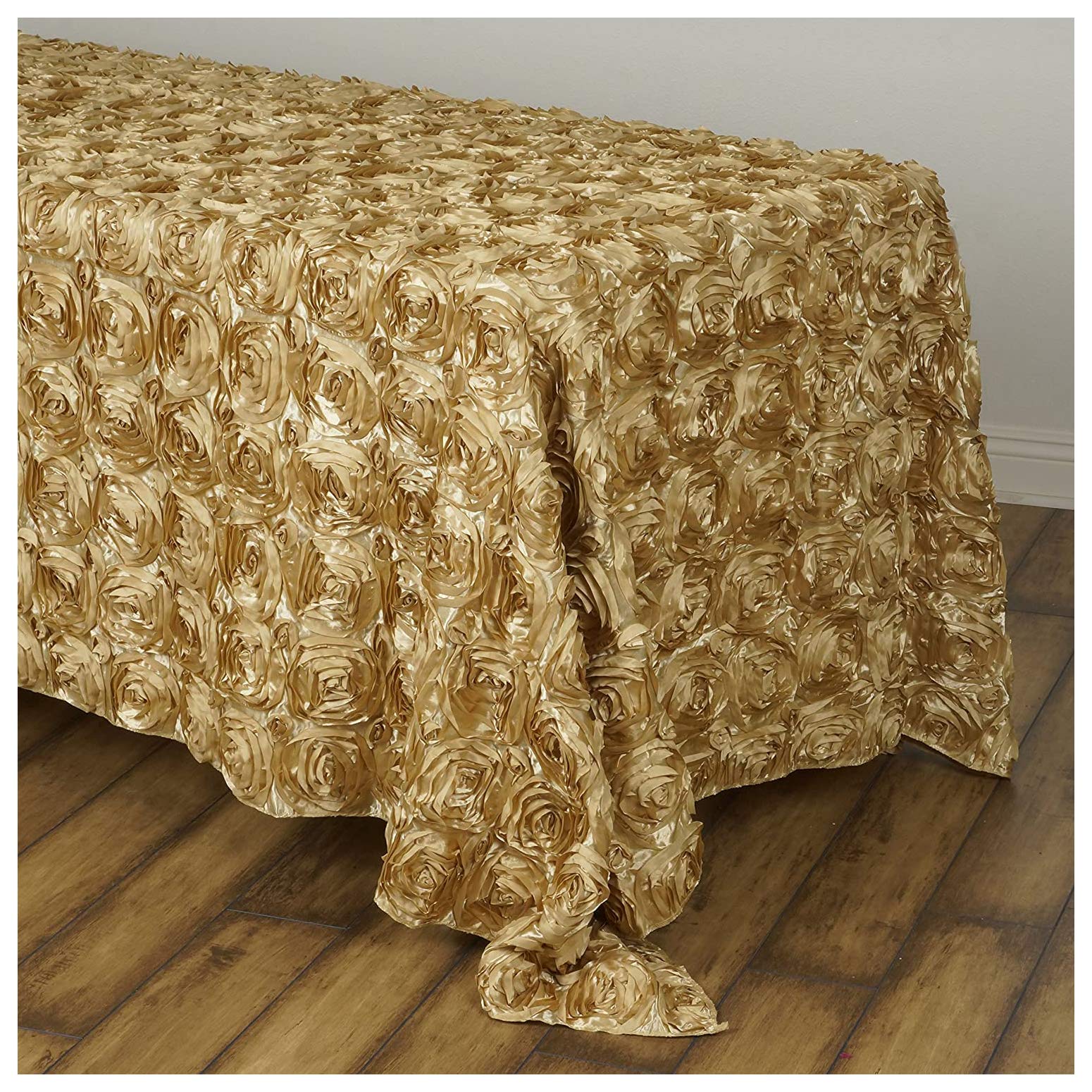 BalsaCircle 90x132 Inch Champagne Satin Raised Rosette Rectangle Tablecloth - Elegant Wedding, Party & Formal Dining Table Linen Decor | Perfect for Reception, Banquet & Home Decor