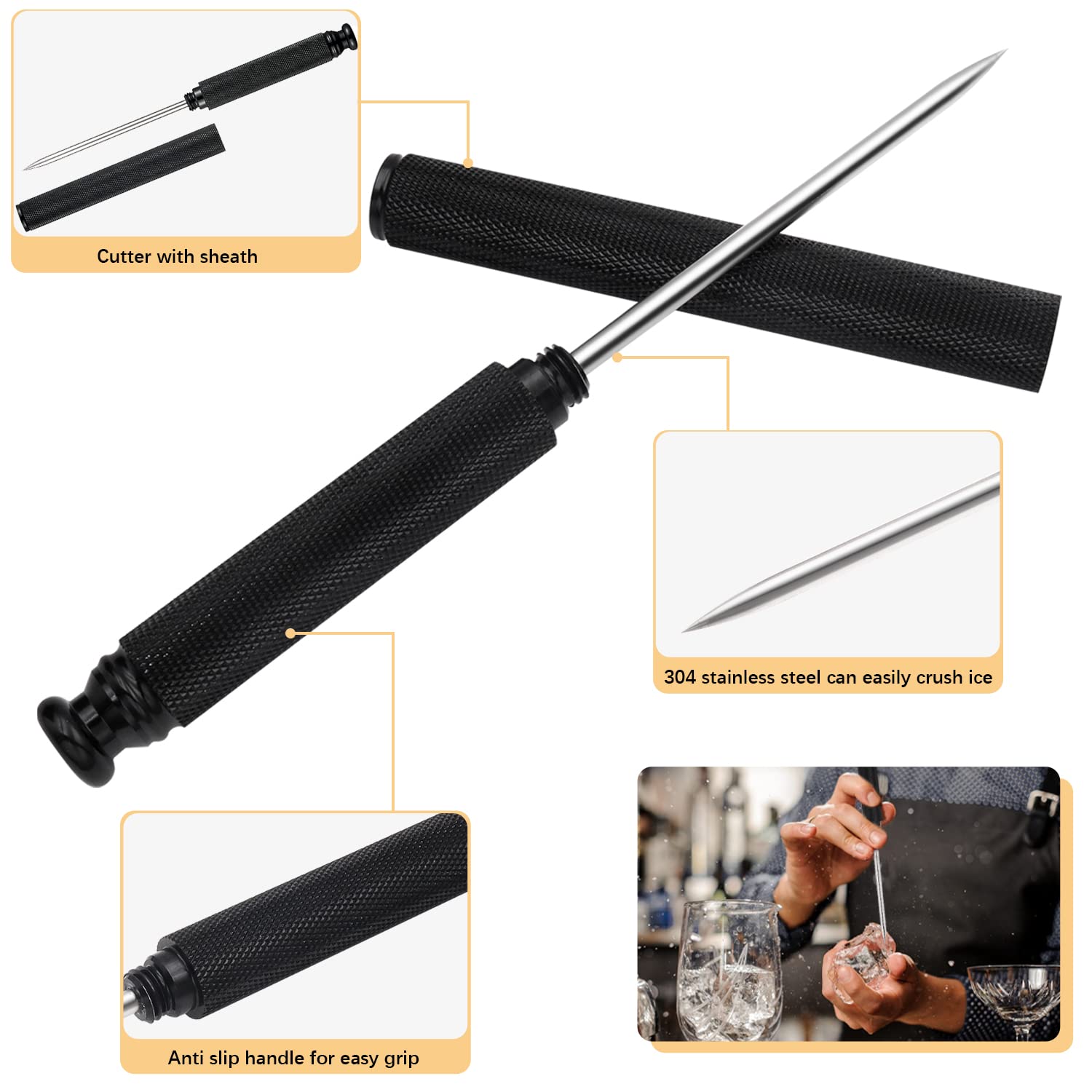 Premium Aluminum Alloy Ice Pick with Stainless Steel Blade & Safety Cover - Professional Ice Tool for Kitchen, Restaurant, Bar & Home Use - Ideal for Cocktail Making, Ice Sculpting & Food Preparation (Black)