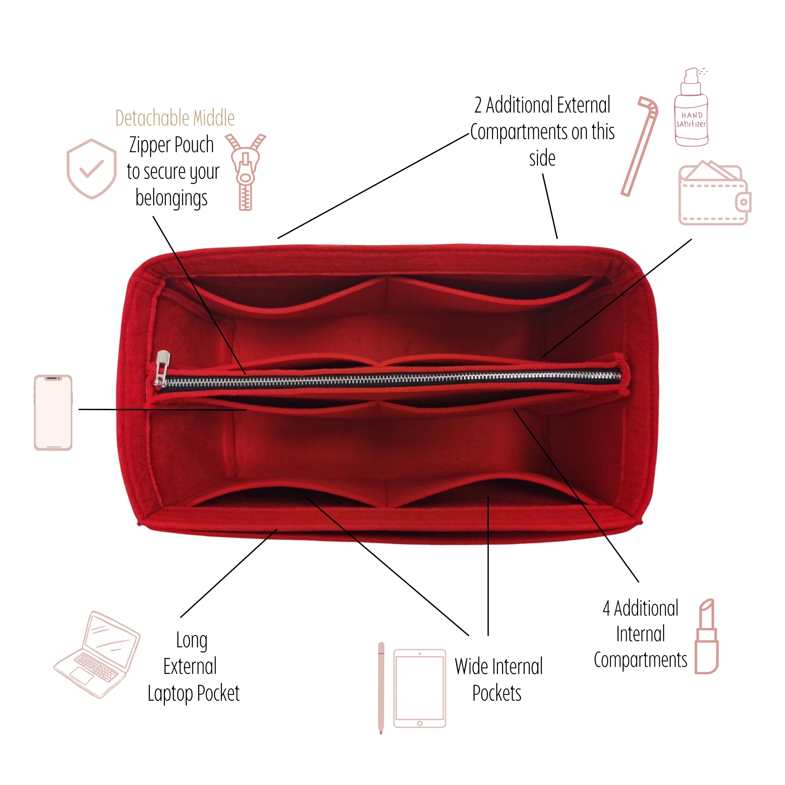 Premium Handmade 2mm Felt Purse Organizer for LV Delightful MM/PM/GM - Snug Fit with Sturdy Gold Zipper (Beige) | Perfect for Travel, Work & Daily Organization