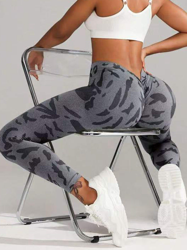 ZASUWA Women's Sexy Camouflage Print High-Waisted Yoga Pants - Deep V Back & Scrunch Butt Lifting Leggings for Workout, Gym & Casual Wear