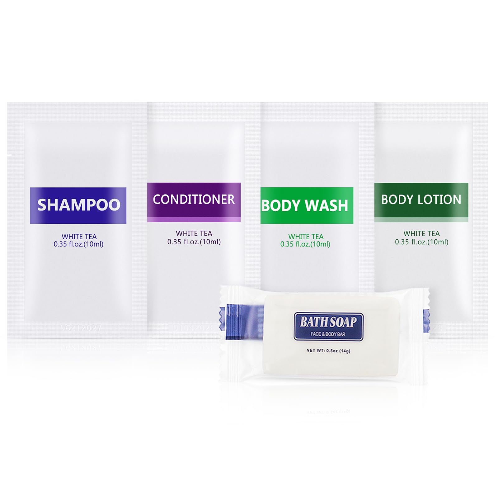 5-in-1 Travel Toiletries Bulk Set (50 Pcs) - 10x Body Wash, 10x Shampoo, 10x Conditioner, 10x Lotion, 10x Bar Soap - Mini Hotel Amenities for Guests, Travel, Vacation & Hospitality Supplies