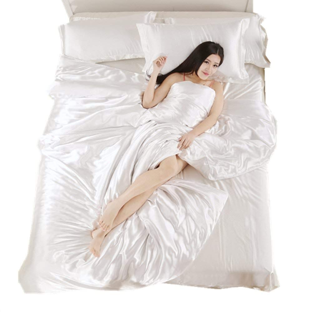 Premium Silky Satin 4-Piece Bedding Set (Full Size) - Hypoallergenic & Wrinkle-Resistant Sheets with Flat Sheet, Fitted Sheet & 2 Pillowcases - Luxury White Bed Sheets for Master Bedroom, Guest Room & Dorm - Angel's Bedding Collection