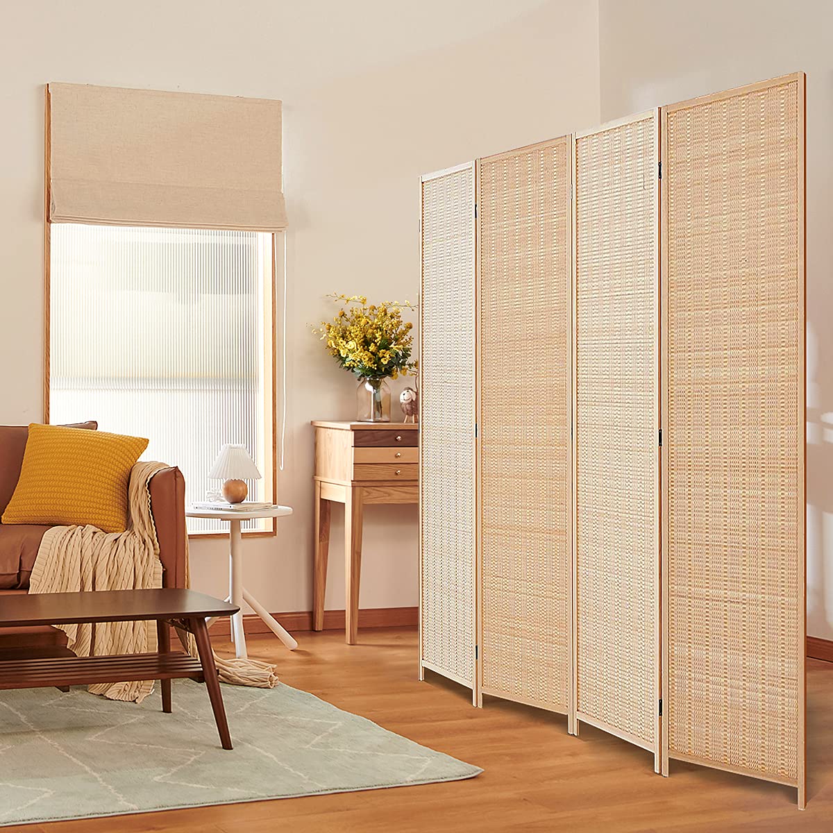 6 FT Tall Bamboo Room Divider - 4 Panel Folding Privacy Screen for Home & Office | Decorative Partition Wall for Bedroom, Living Room, Studio | Freestanding Natural Wood Room Separator