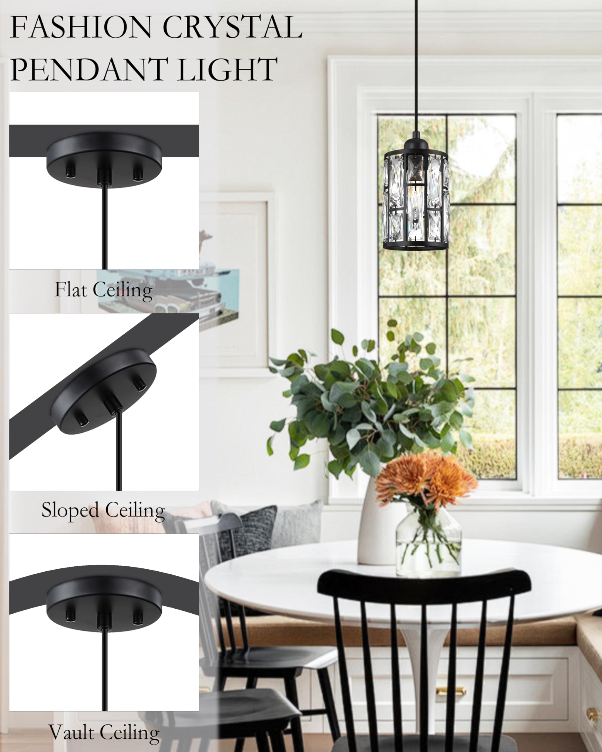2 Pack Black Modern Crystal Metal Shade Pendant Lights - 5.4