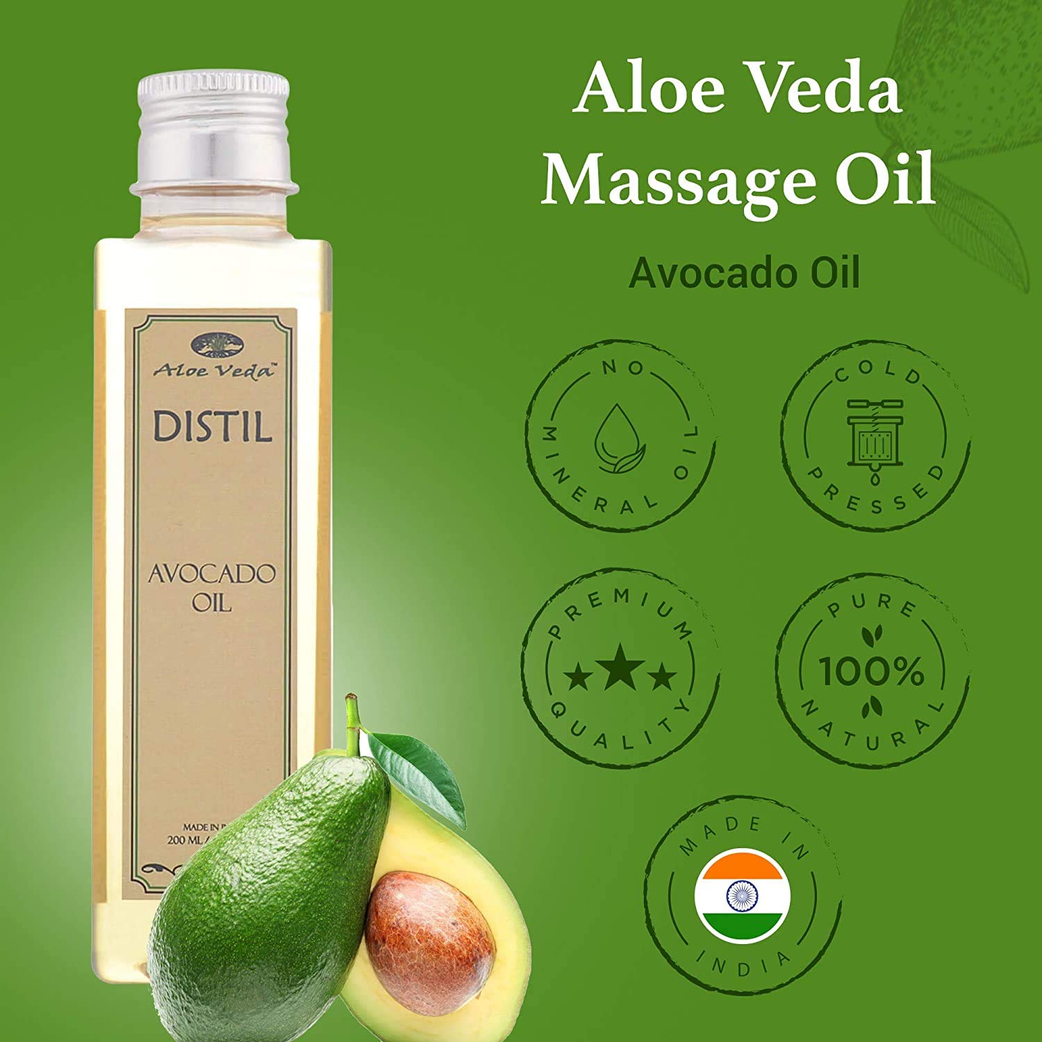 Organic Cold-Pressed Avocado Oil for Skin & Hair - 100% Pure Natural Body Massage Oil & Moisturizer for Dry Skin, Face & Scalp (200ml) - Hydrating Treatment for Massage, Hair Care & Skin Nourishment