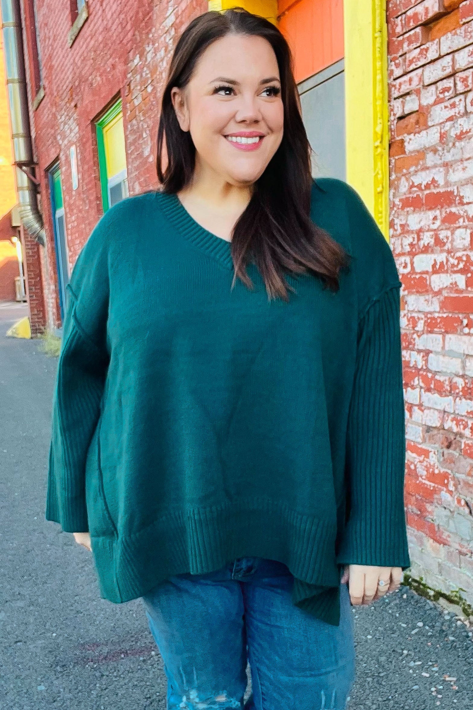 Stylish Hunter Green Oversized V-Neck Rib Knit Sweater for Women - Cozy Fall & Winter Layering Essential