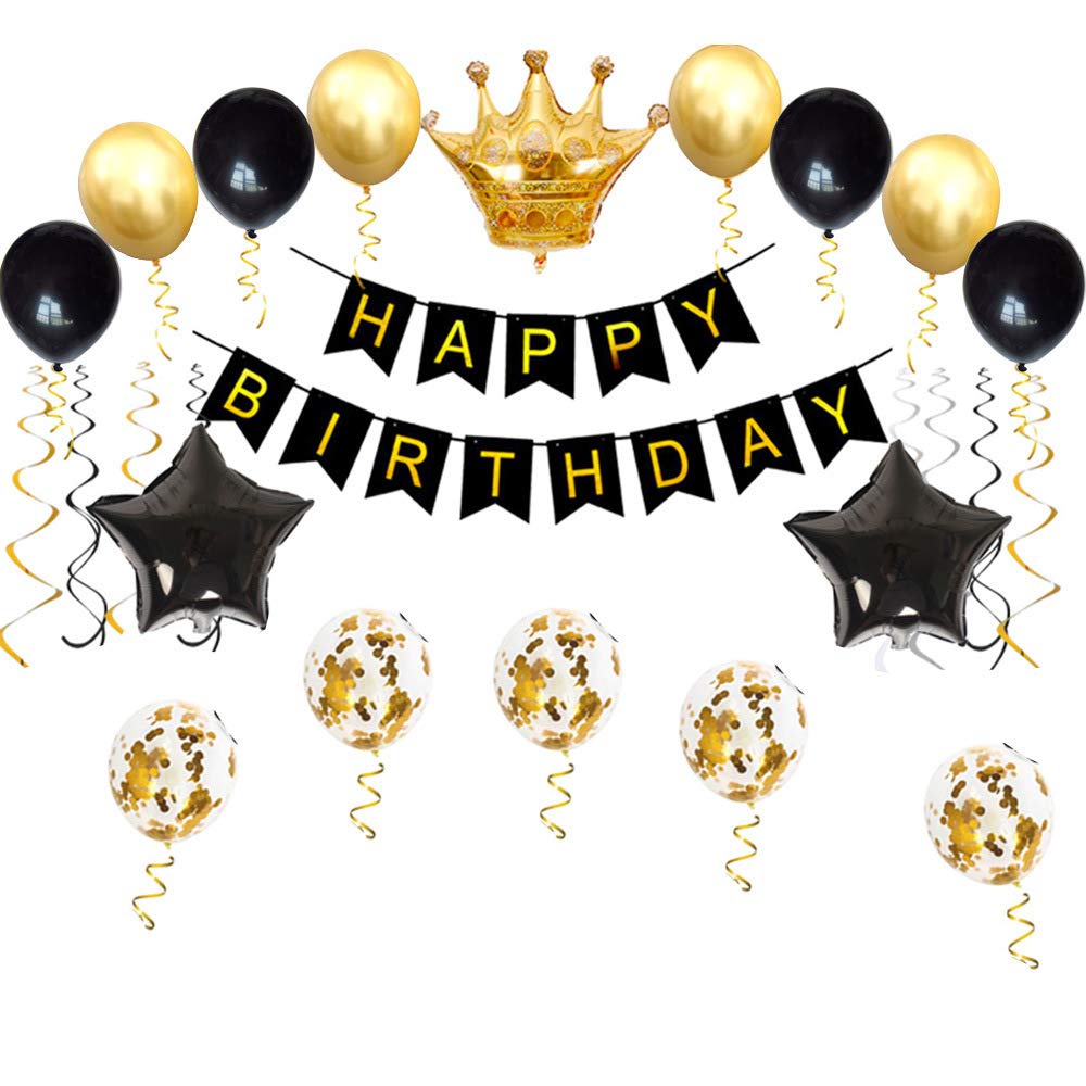 Happy Birthday Party Decorations Kit - Gold & Black Latex Balloons, Birthday Banner, Crown Balloon - Perfect for Birthday Parties, Baby Showers & Celebrations