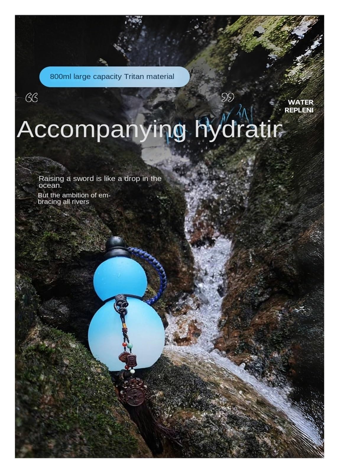 Retro-Inspired 800ml Gourd Water Bottle for Sports & Travel - Chinese Style, Black Myth Wu Kong Design (Blue) - Perfect for Hiking, Gym, and Outdoor Adventures