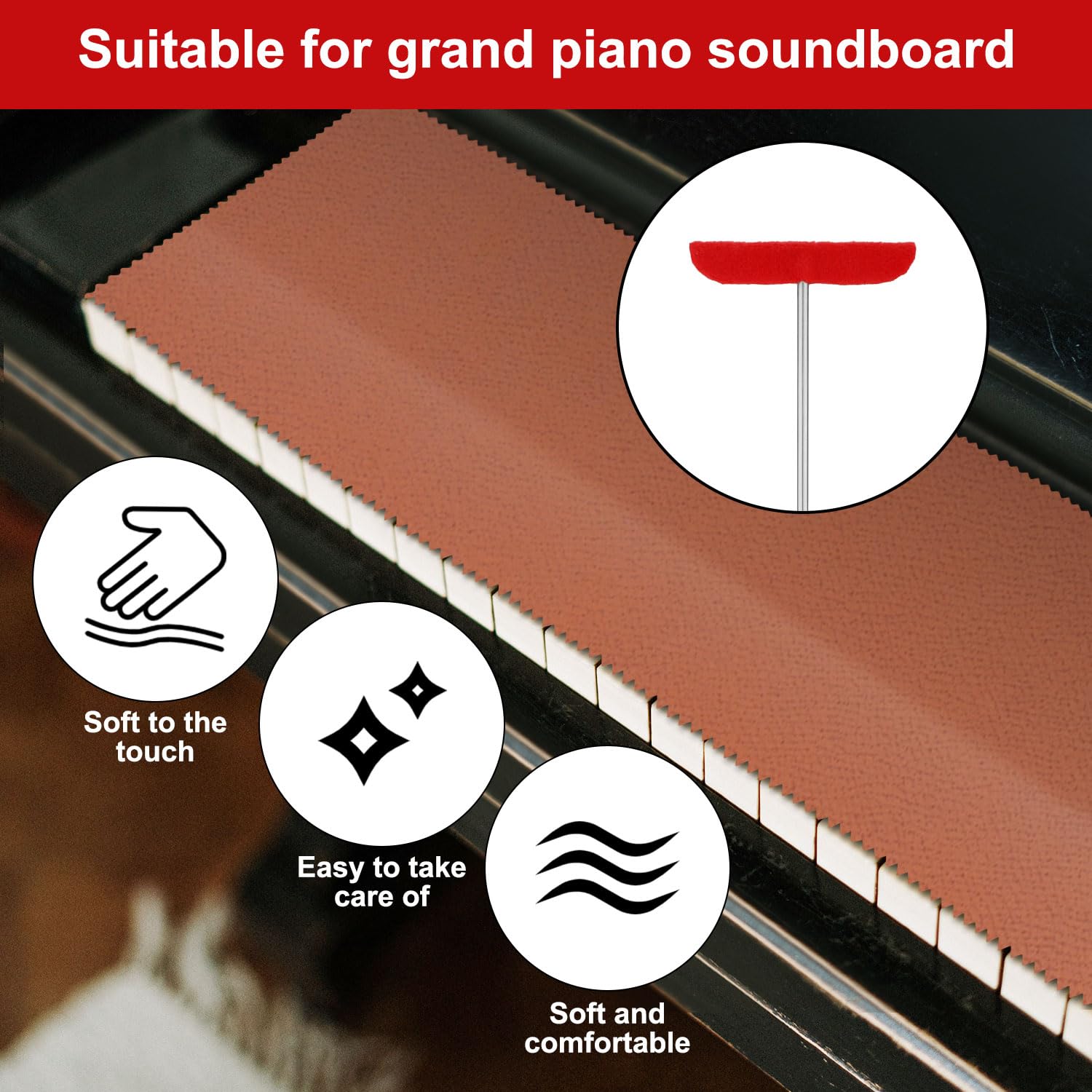 5-Piece Grand Piano Soundboard Cleaning Kit with Big & Small Brush Heads, Extension Rod & Soft Fiber Polish Cloth - Orange Dust Cover - Perfect for Piano Maintenance & Professional Cleaning