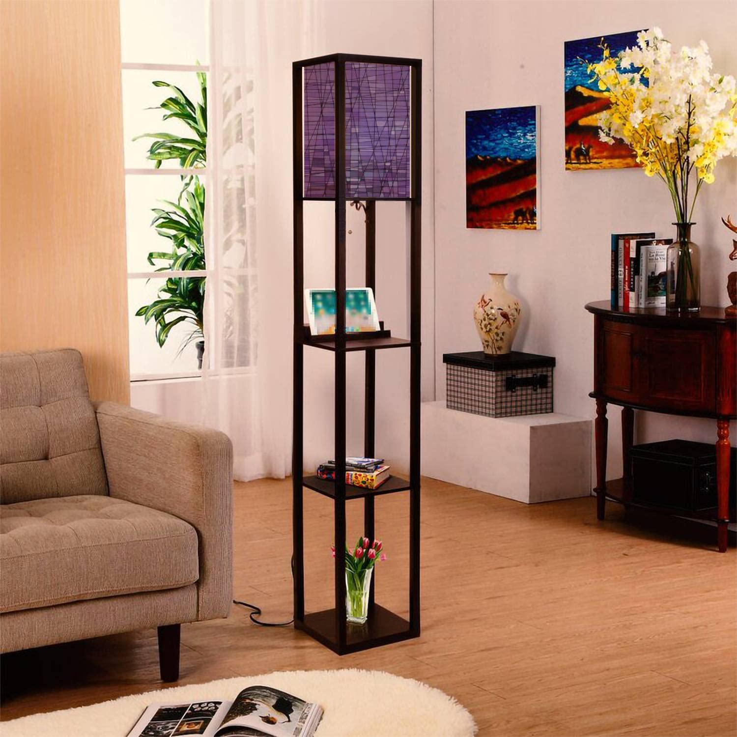 Abstract Stained Glass Mosaic Purple Violet Floor Lamp with Shelves, USB Ports & Power Outlet - Linen Fabric Shade Corner Standing Lamp for Living Room, Bedroom & Office - Modern Lighting for Home Decor