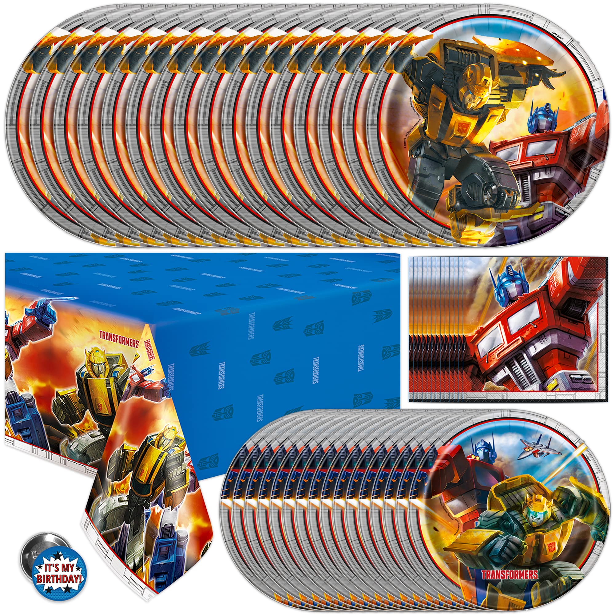 Transformers Birthday Party Supplies Set - 16-Piece Dinner & Cake Plates, Napkins, Table Cover, Buttons - Officially Licensed Kids Party Decorations for Birthdays, Themed Events & Celebrations