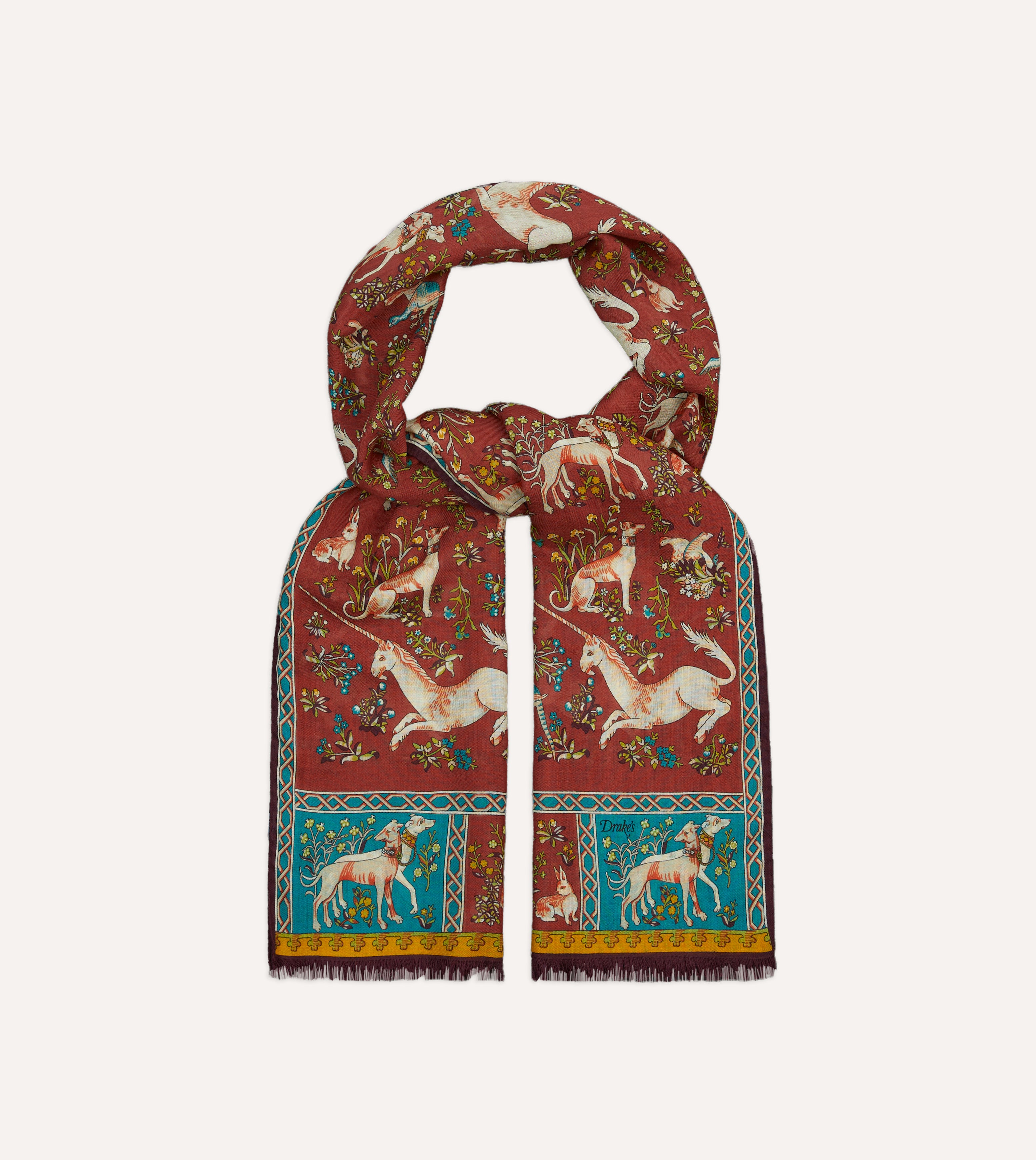 Red Unicorn Tile Print Wool Silk Scarf - Elegant Winter Fashion Accessory for Women, Gift for Her, Perfect for Holidays, Parties & Office Wear