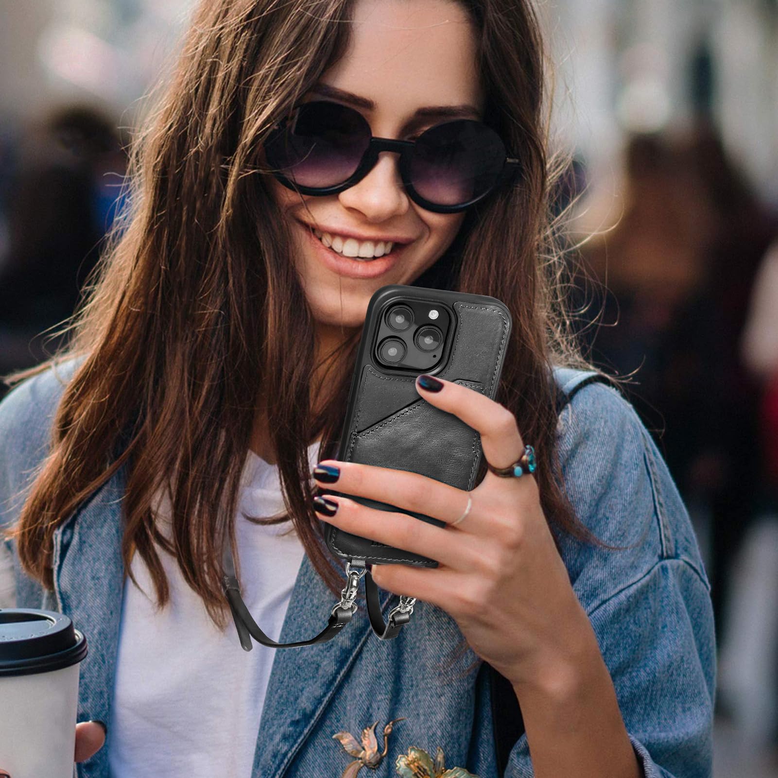 Premium Leather Wallet Phone Case for iPhone 16 Pro - Women's Crossbody Lanyard Purse with Flip Card Pouch, Adjustable Wrist Strap & Clip Holder (Black) | Perfect for Everyday Use, Travel & Hands-Free Convenience