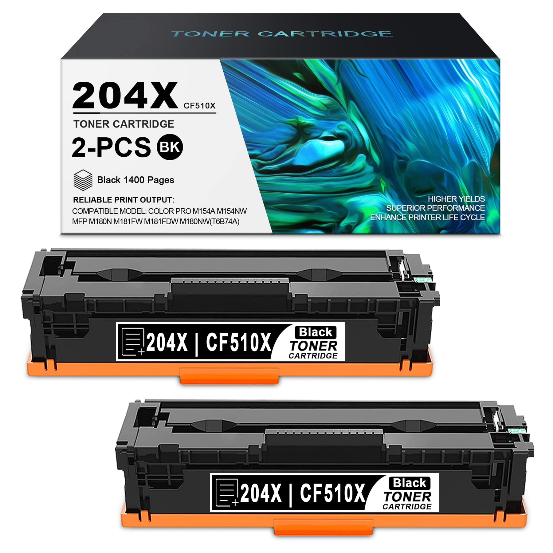 2-Pack High Yield CF510X 204X Black Toner Cartridges - Compatible with HP Color LaserJet Pro M154a/M154nw/M180n/M181 Series (T6B51A/T6B52A/T6B70A/T6B71A/T6B72A/T6B74A) | Replacement Printer Toner for Home & Office Printing Needs