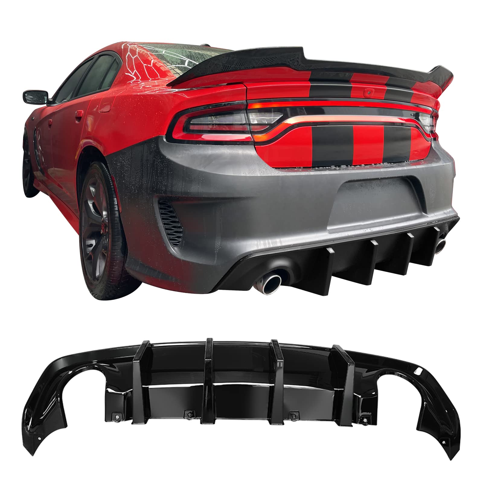 IKON MOTORSPORTS Rear Diffuser for 2020-2023 Dodge Charger Widebody | Gloss Black PP Bumper Lip with 4 Fins | Aggressive Styling Upgrade for Street & Track Performance