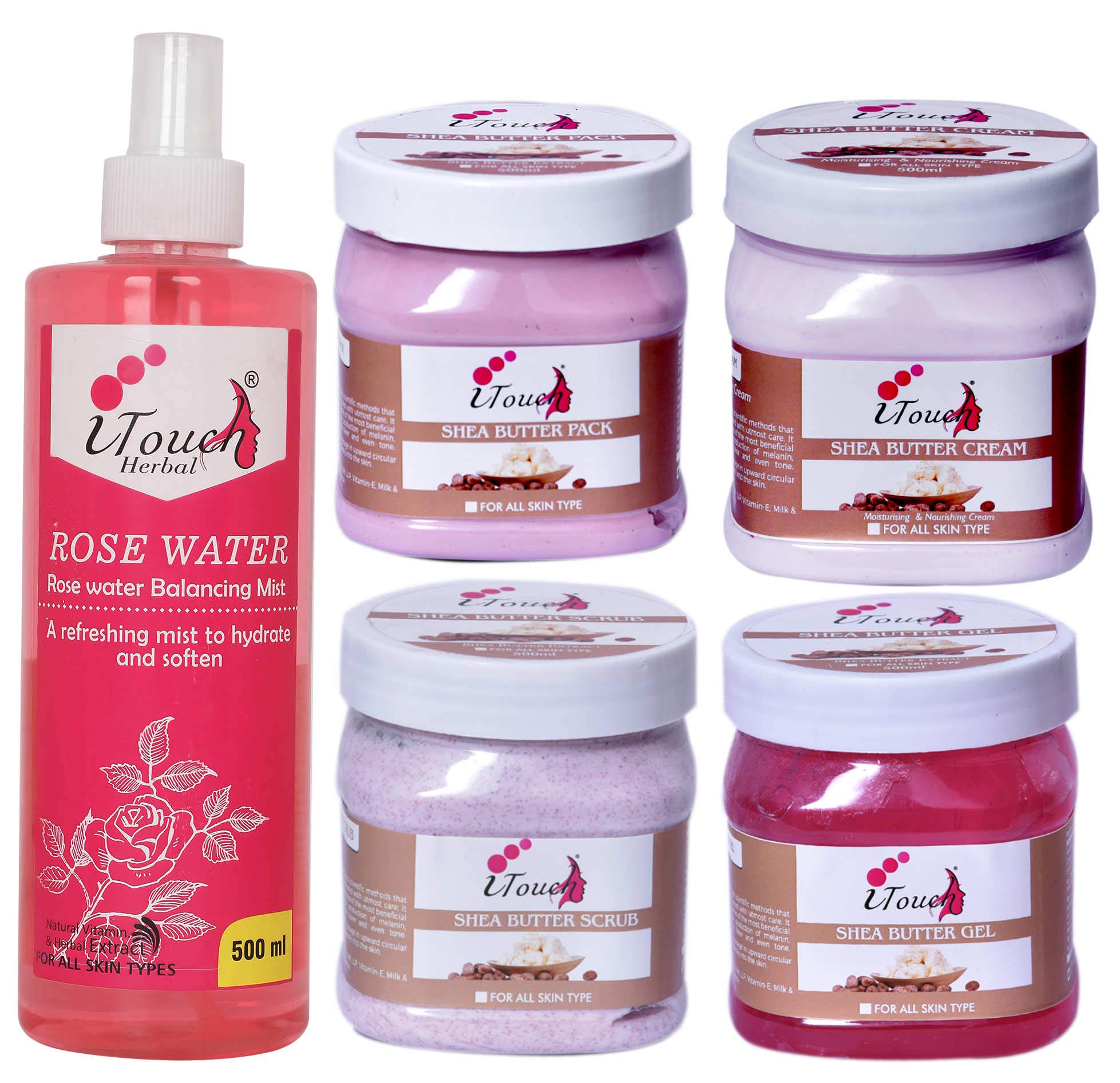 Organic Herbal Shea Butter Scrub, Cream, Pack & Gel Set - 500ml x 4 + Rose Water 500ml - Natural Skincare Bundle for Dry Skin, Body Care & Spa Treatment