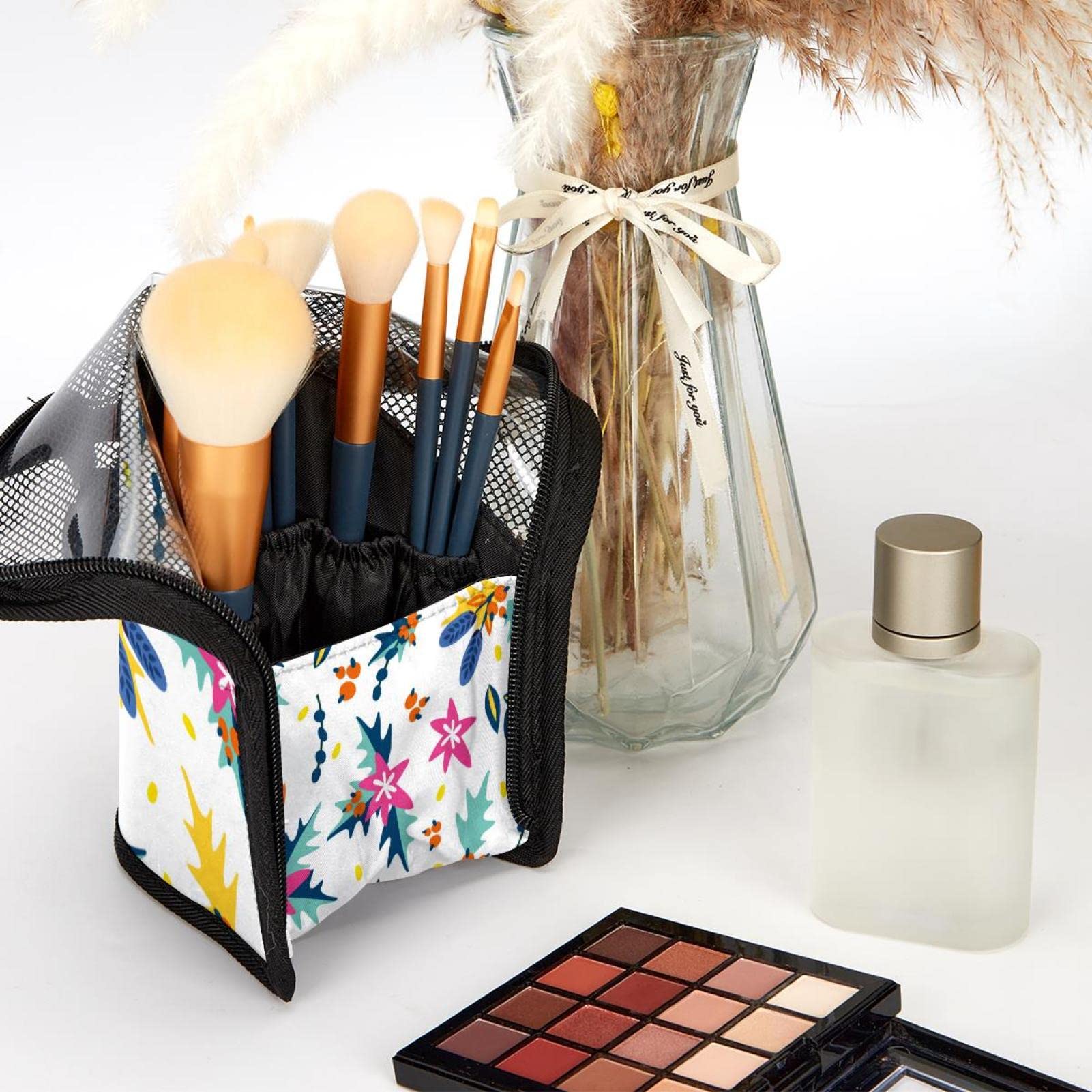 12-Piece Makeup Brush Organizer Bag with Colorful Christmas Flower Design - Portable Travel Cosmetic Brush Holder Case for Home, Travel & Professional Use