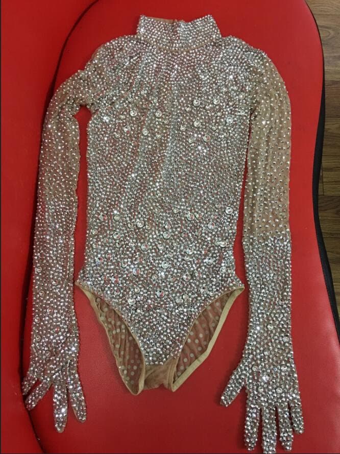 Sparkling Rhinestone Bodysuit with Sequin Jumpsuit & Gloves - Nude Costume for Bridal, Birthday & Party Outfits | Perfect for Drag Queens, Bachelorette Parties & Stage Performances