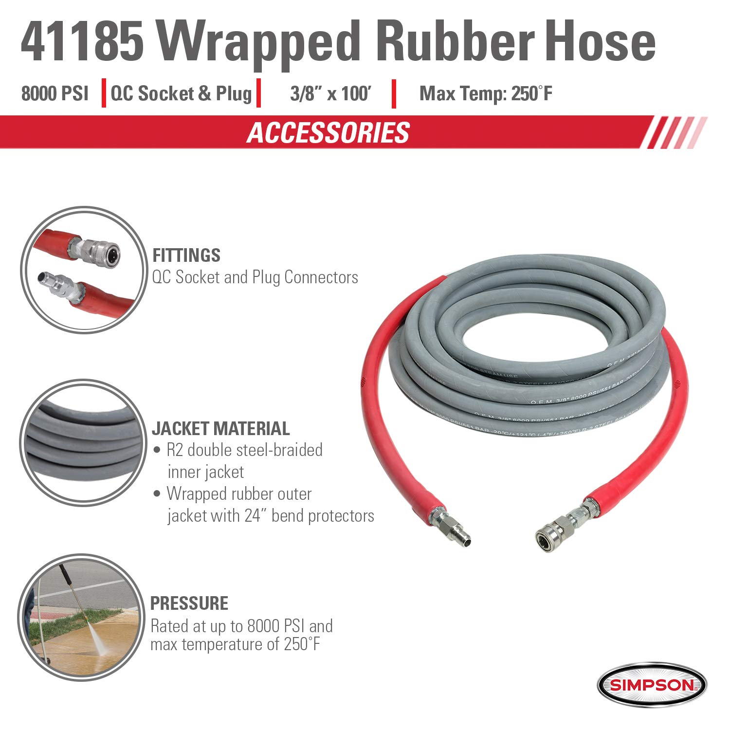 Simpson Cleaning 41185 8000 PSI Pressure Washer Hose - 3/8 Inch ID, 100ft Gray - Industrial Strength Rubber Hose for Hot & Cold Water - Perfect for Car Washing, Deck Cleaning & Heavy-Duty Industrial Use