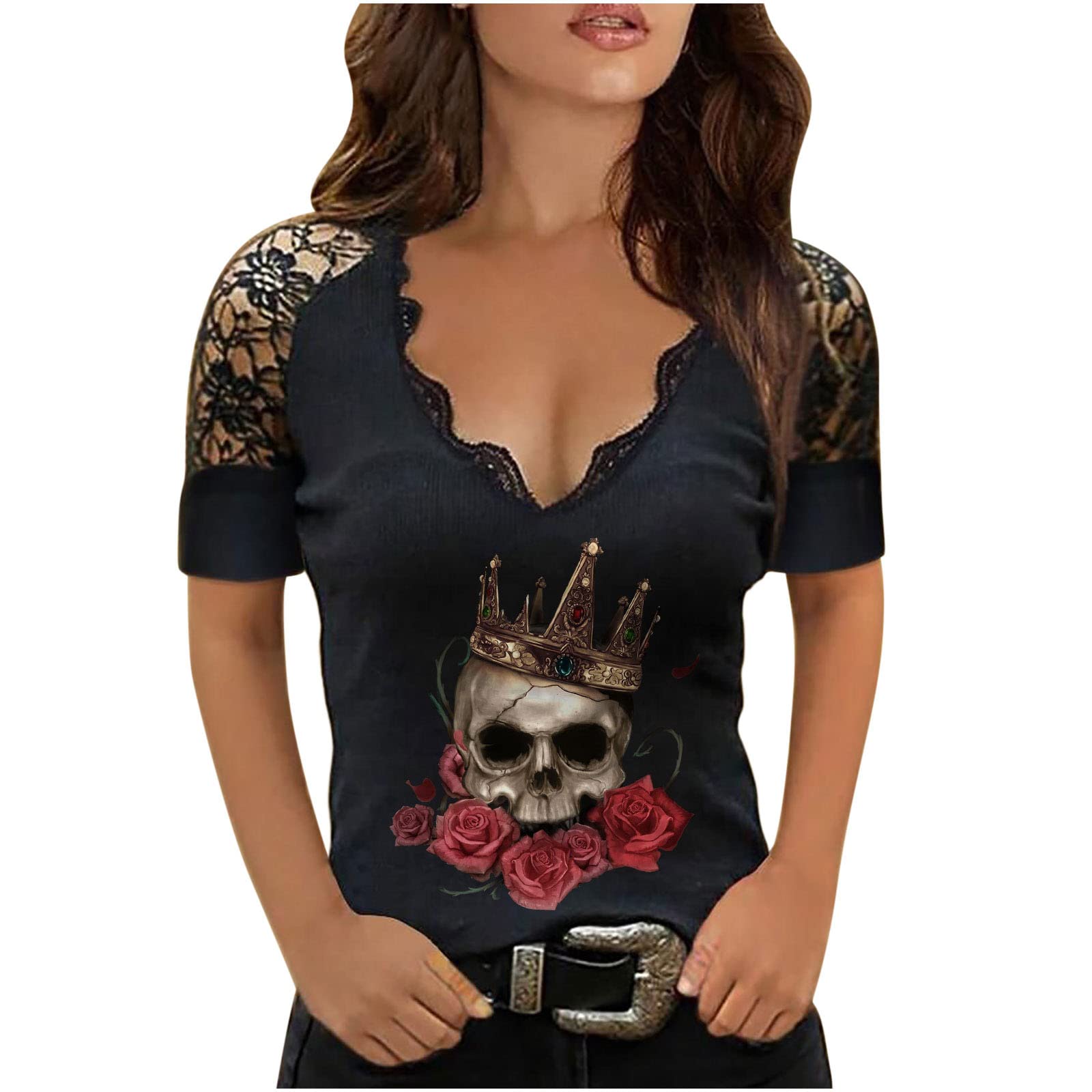 Women's Short Sleeve V-Neck T-Shirt with Skull Skeleton Print - Flowy Casual Lace Blouse for Trendy Outfits | Perfect for Summer, Parties, and Everyday Wear