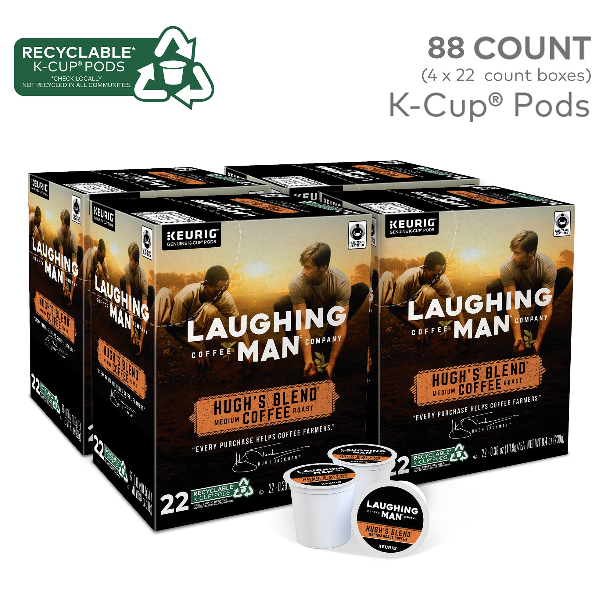 Laughing Man Hugh’s Blend Fair Trade Medium Roast Arabica Coffee Pods - 88 Recyclable K-Cups (4 Packs of 22) for Keurig Single-Serve Coffee Makers | Perfect for Home, Office & Morning Brews