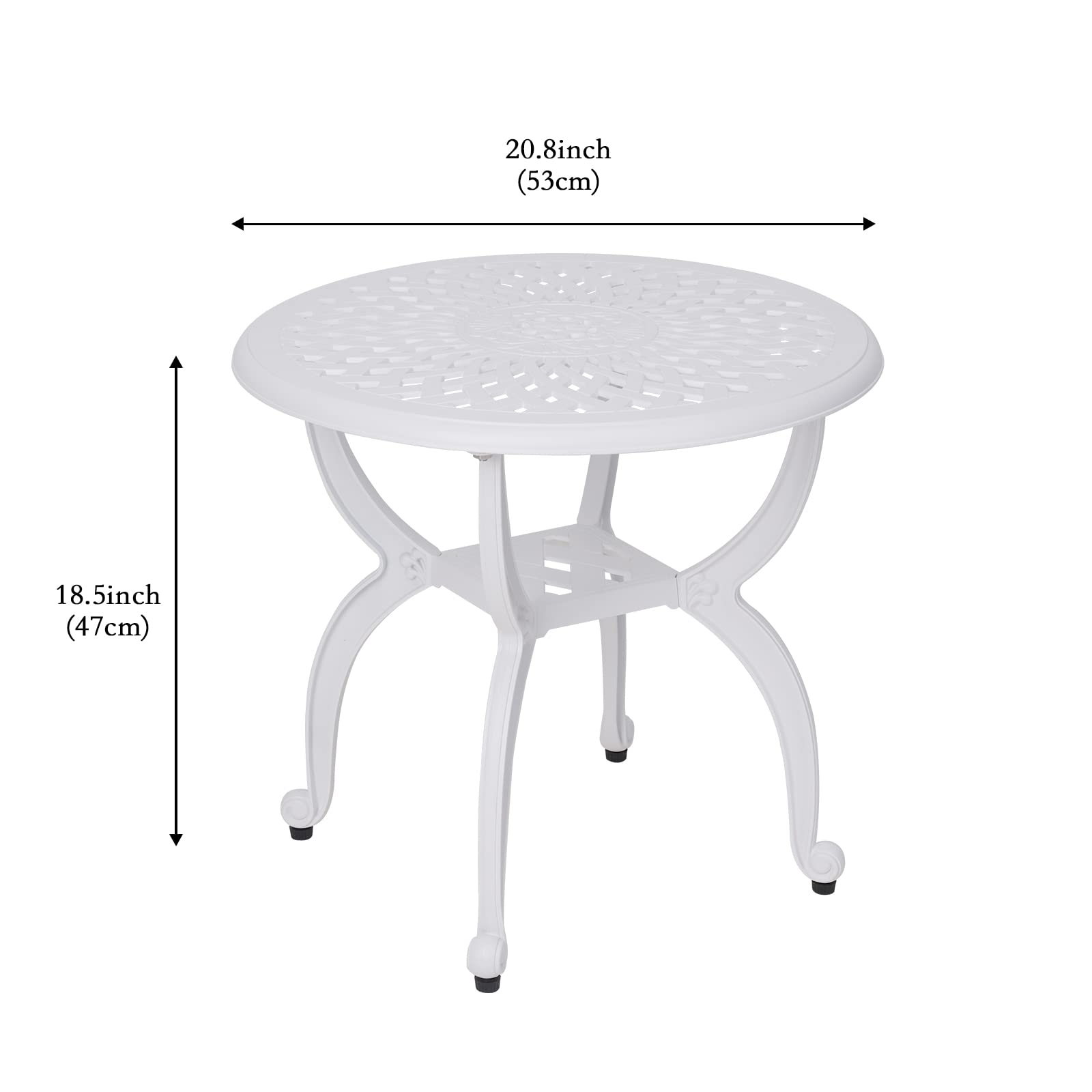 JARDIN DE CENTENNIAL Round White Cast Aluminum Outdoor Side Table - Rust-Resistant Patio End Table & Coffee Bistro Table for Garden, Porch, Balcony & Indoor Use - Perfect for Outdoor Entertaining & Relaxation