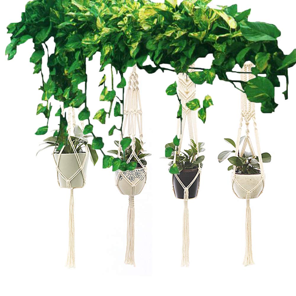 Handmade Macrame Plant Hangers 4 Pack - Indoor Outdoor Hanging Planter Basket with 4 Hooks for Flower Pots - Perfect for Home Decor, Patio, Garden & Boho Style Rooms