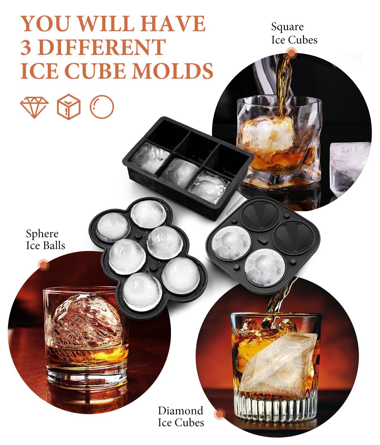 Premium Silicone Ice Cube Trays with Lid - Diamond & Sphere Ice Ball Maker, Square Ice Cube Molds for Whiskey & Cocktails - Reusable Freezer Ice Trays for Homemade Drinks, Parties & Entertaining