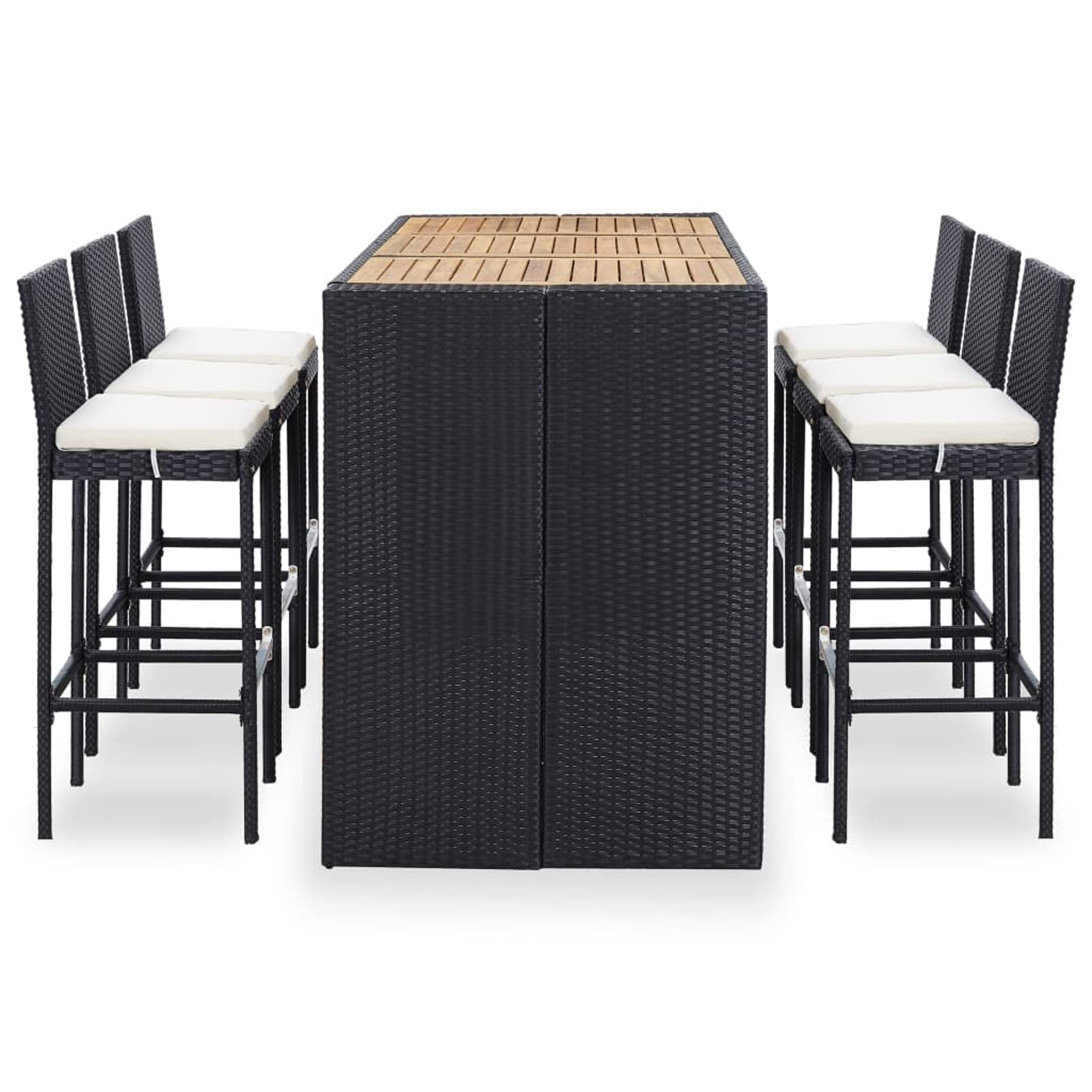 Tidyard 7-Piece Acacia Wood Outdoor Bar Set with Table & 6 Bar Stools - Black Poly Rattan with Footrest & Backrest - Perfect for Patio, Balcony, Garden, Backyard, Poolside & Outdoor Entertaining