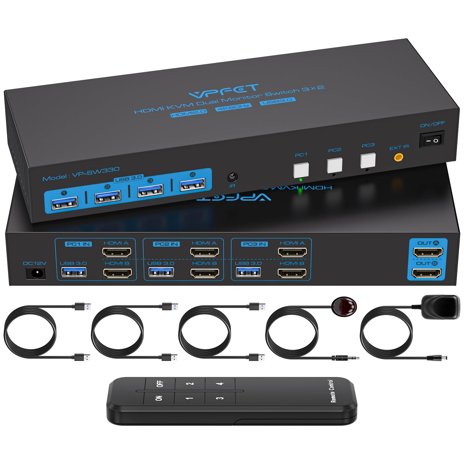 CMSTEDCD 4K60Hz USB 3.0 HDMI KVM Switch - 3 Computers 2 Monitors Sharing with 4 USB Ports & EDID Emulation - Includes 3 USB Cables for Gaming, Office & Home Workstations (Perfect for Multi-PC Setup, Video Editing & Esports)