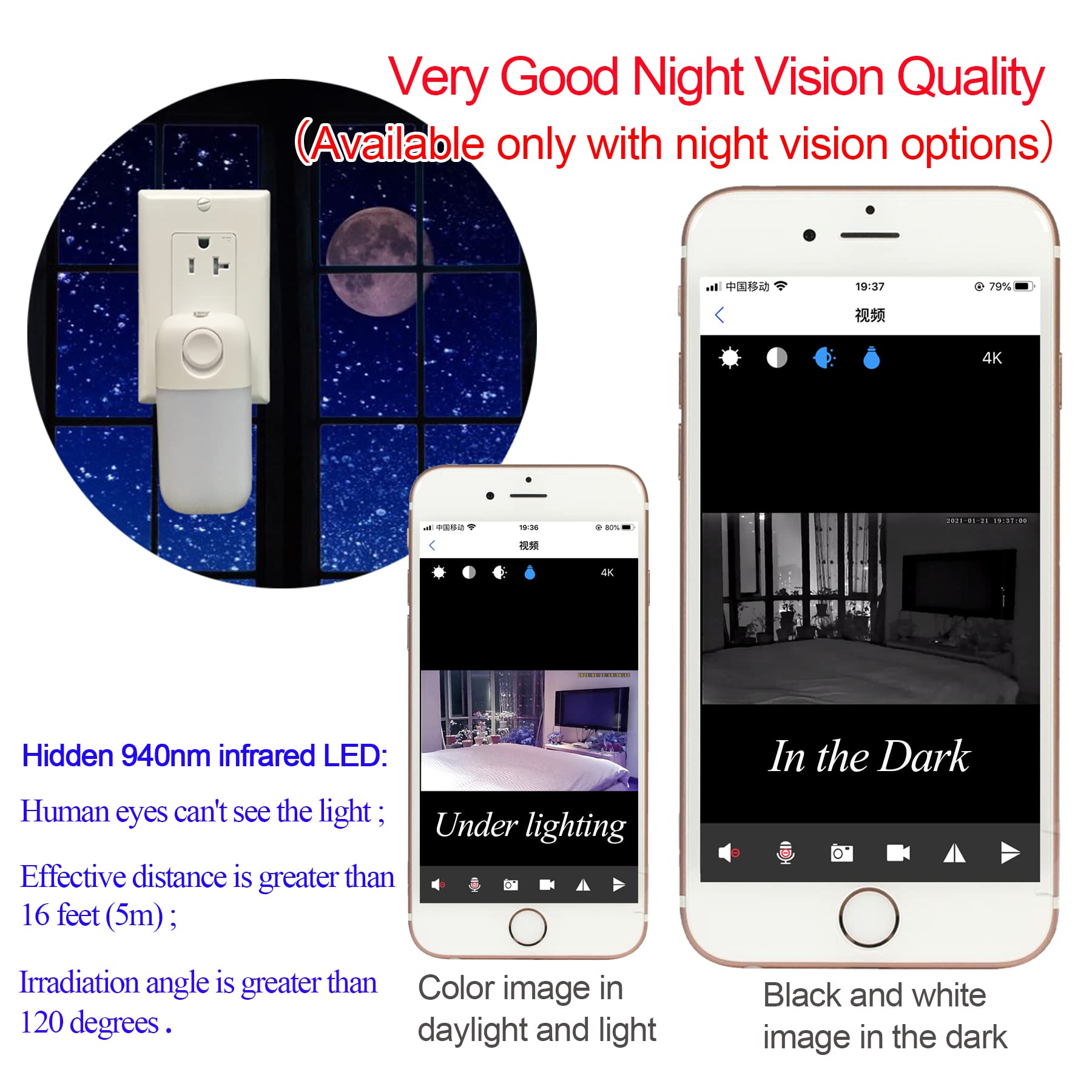 4K HD WiFi Hidden Spy Camera in Functional AC Outlet - Night Vision Option with Separate Infrared Lamp (Lens Down) for Home Security & Office Monitoring | Indoor Surveillance & Covert Recording