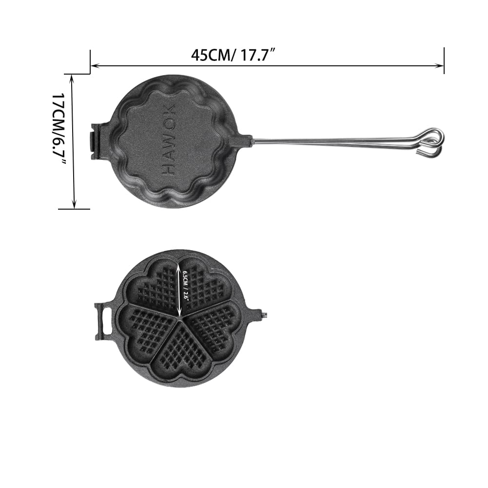 HAWOK Heart-Shaped Cast Iron Waffle Maker with Non-Slip Handle & Basting Brush - Perfect for Valentine's Day Breakfast, Romantic Dates, and Family Brunch